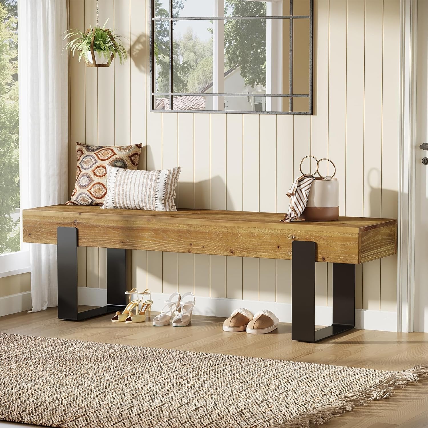 63" Industrial Entryway Bench, Farmhouse Wood Shoe Bench End of Bed Stool with Metal Legs