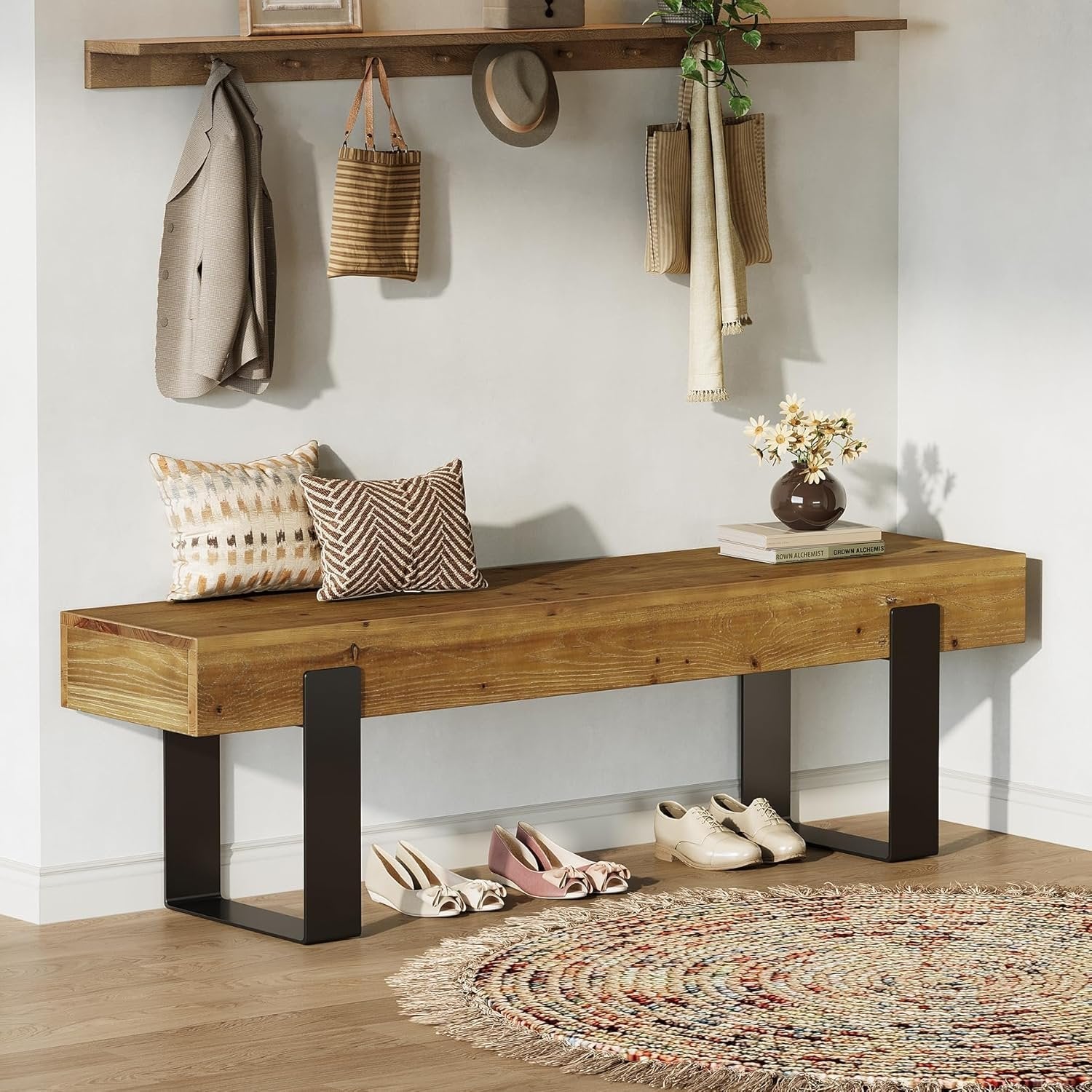 63" Industrial Entryway Bench, Farmhouse Wood Shoe Bench End of Bed Stool with Metal Legs