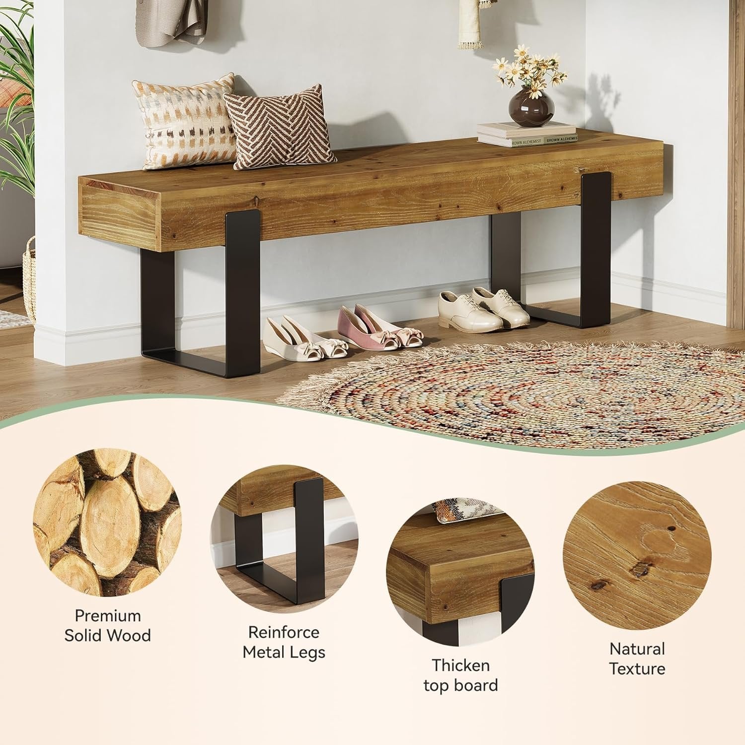 63" Industrial Entryway Bench, Farmhouse Wood Shoe Bench End of Bed Stool with Metal Legs