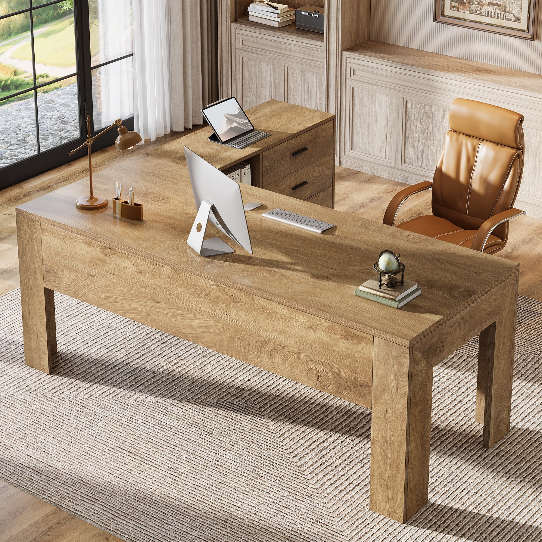 63" L-Shaped Desk, Executive Office Desk with Mobile Lateral File Cabinet