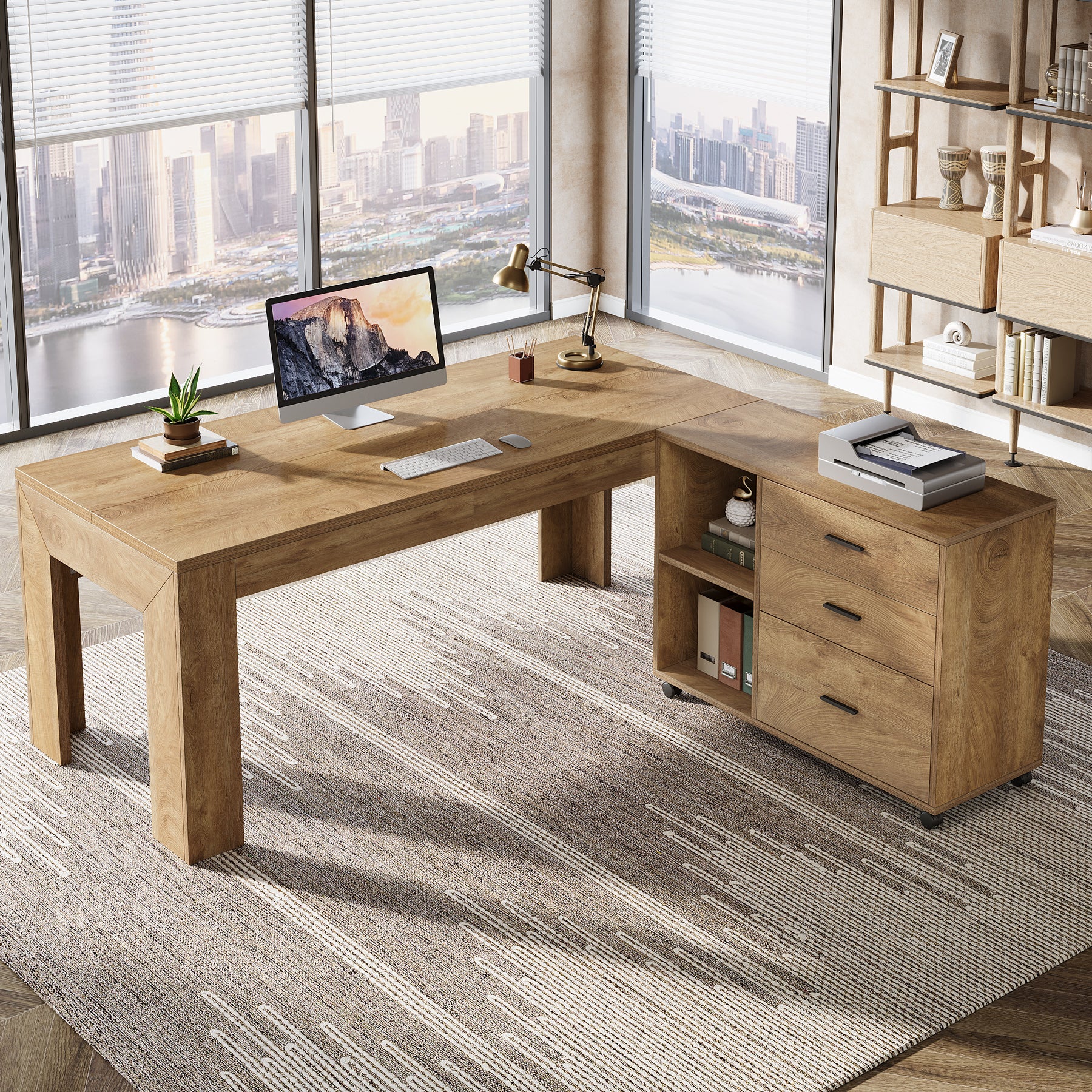 63" L-Shaped Desk, Executive Office Desk with Mobile Lateral File Cabinet