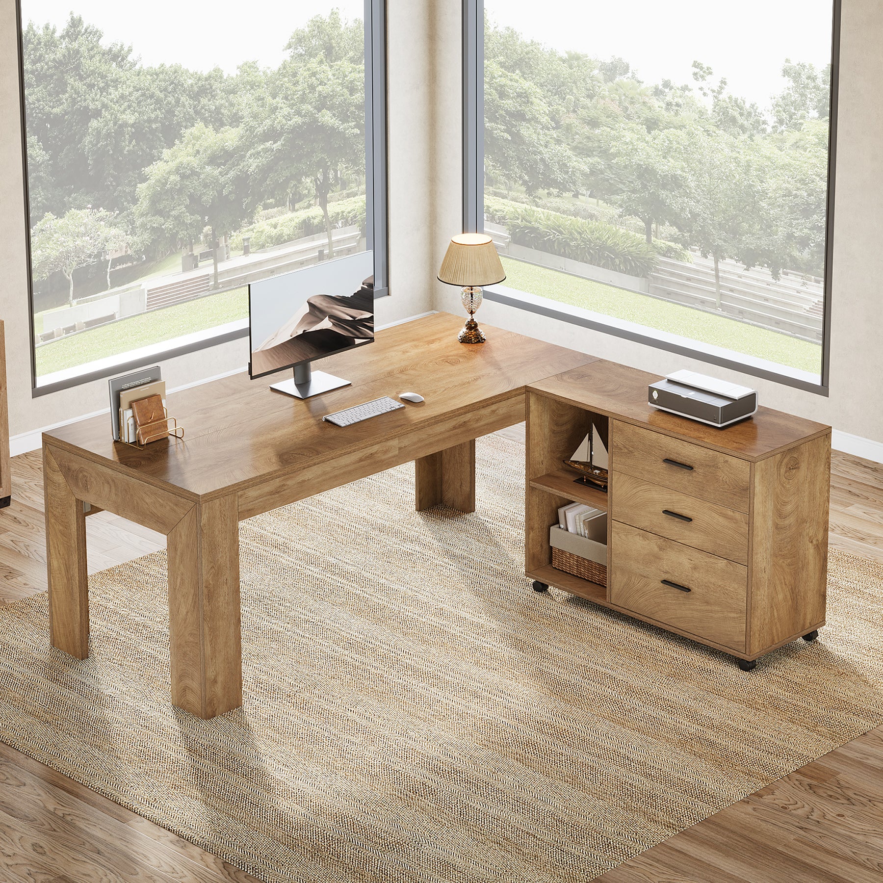 63" L-Shaped Desk, Executive Office Desk with Mobile Lateral File Cabinet