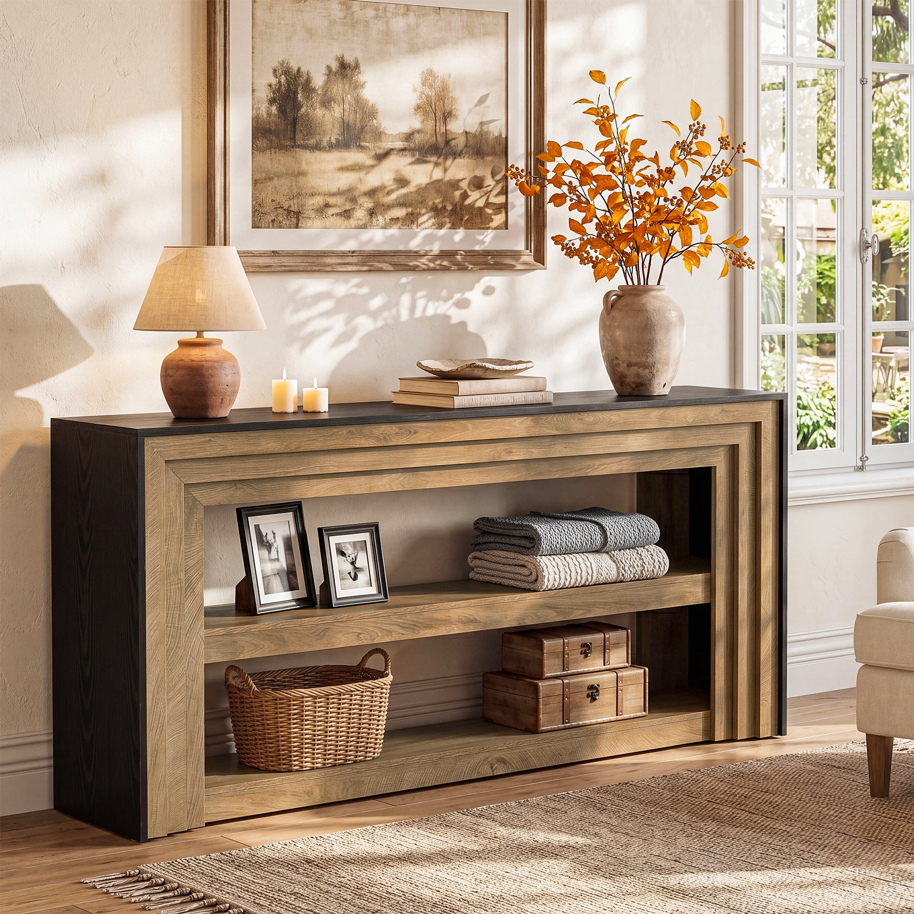 63" Long Console Table, Farmhouse 3-Tier Entryway Table with Storage for Hallway