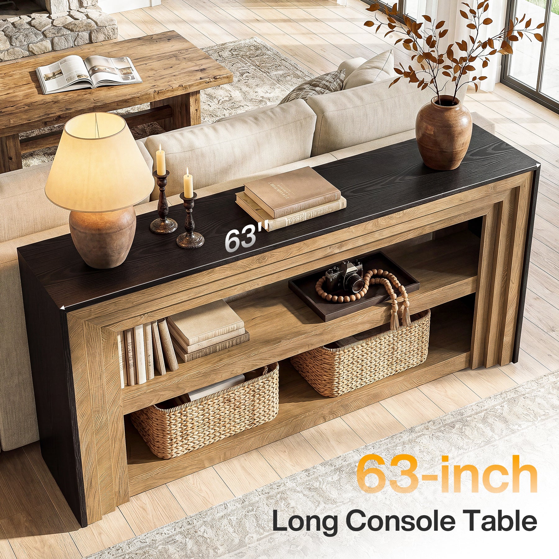63" Long Console Table, Farmhouse 3-Tier Entryway Table with Storage for Hallway