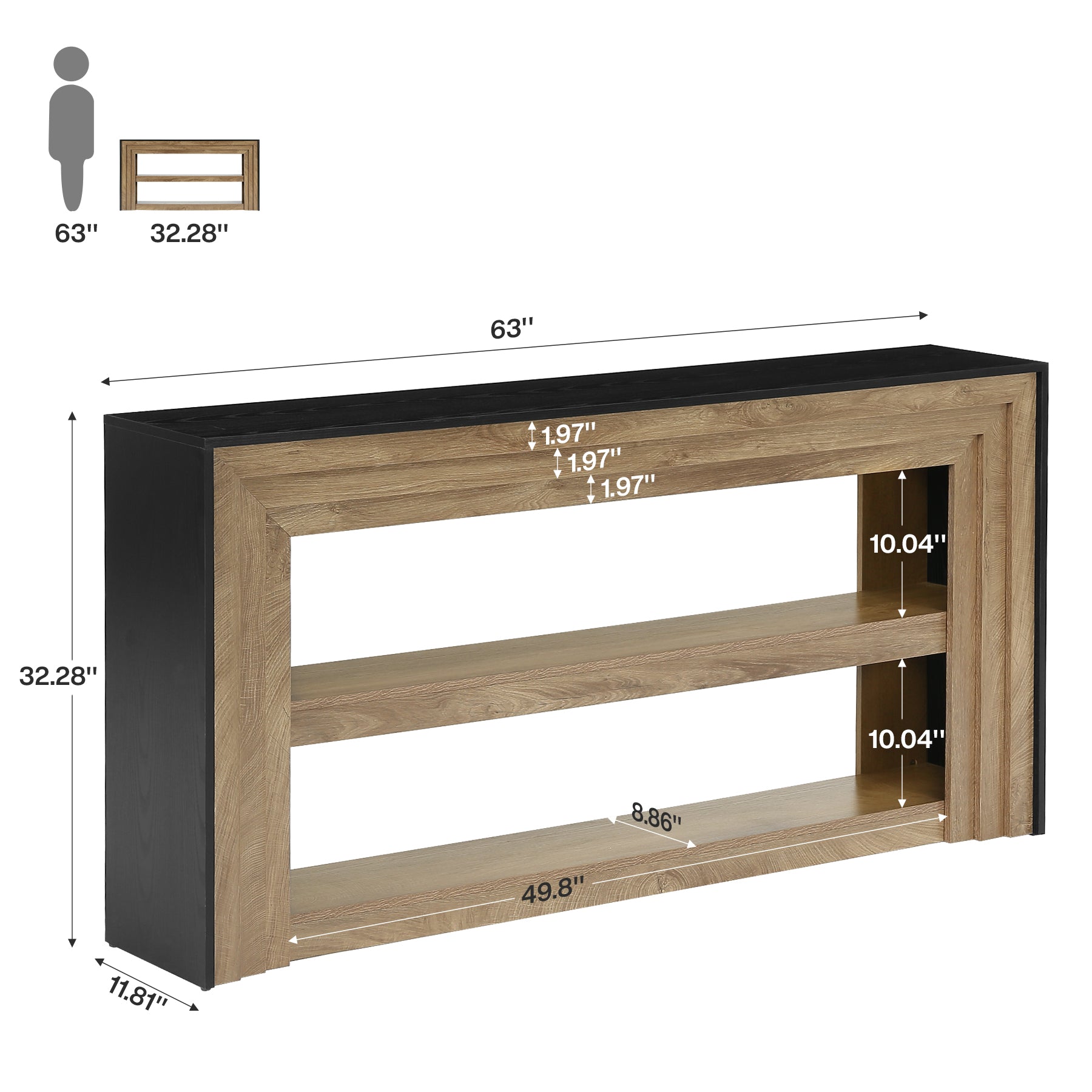 63" Long Console Table, Farmhouse 3-Tier Entryway Table with Storage for Hallway