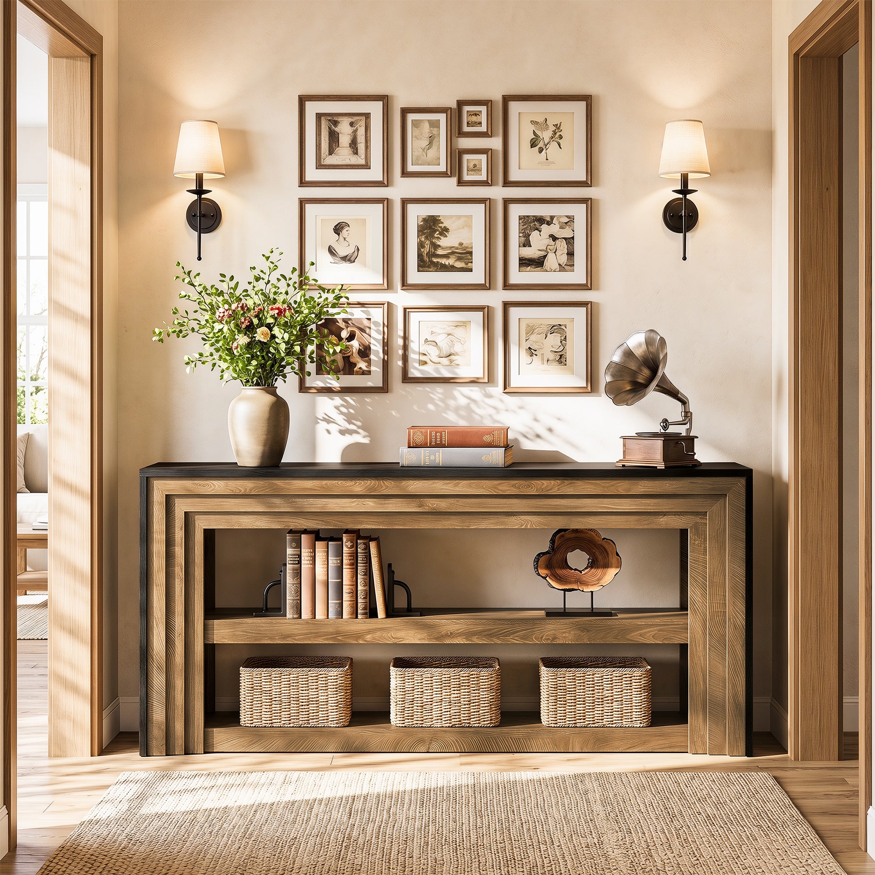 63" Long Console Table, Farmhouse 3-Tier Entryway Table with Storage for Hallway