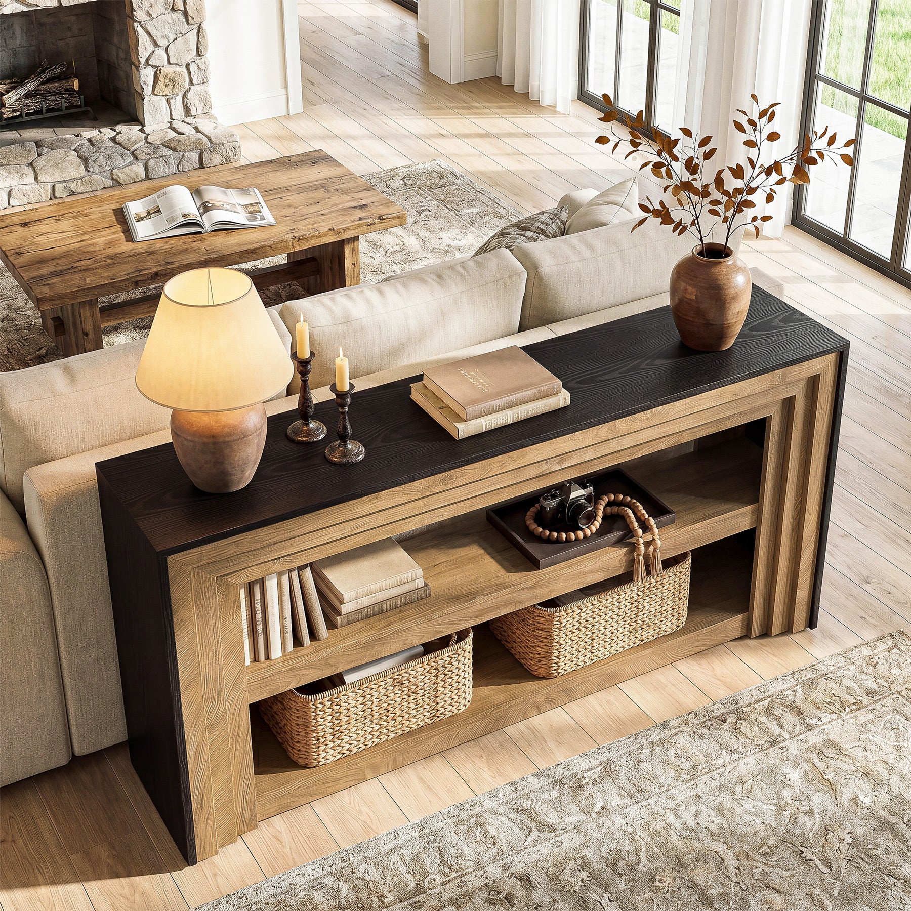 63" Long Console Table, Farmhouse 3-Tier Entryway Table with Storage for Hallway