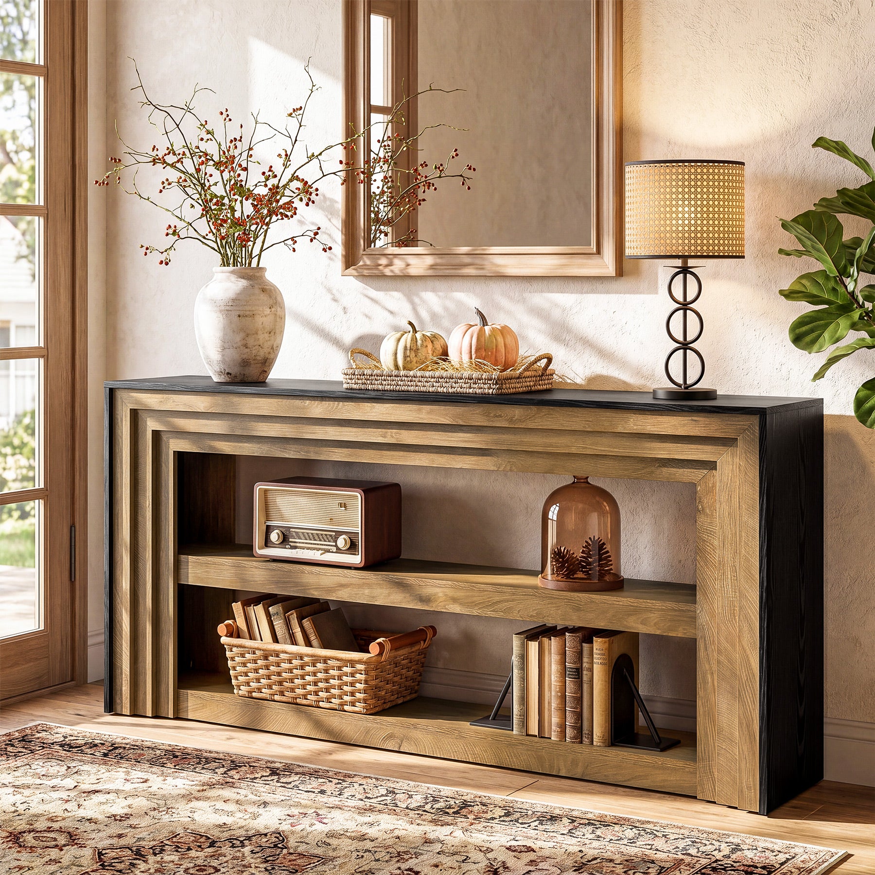 63" Long Console Table, Farmhouse 3-Tier Entryway Table with Storage for Hallway