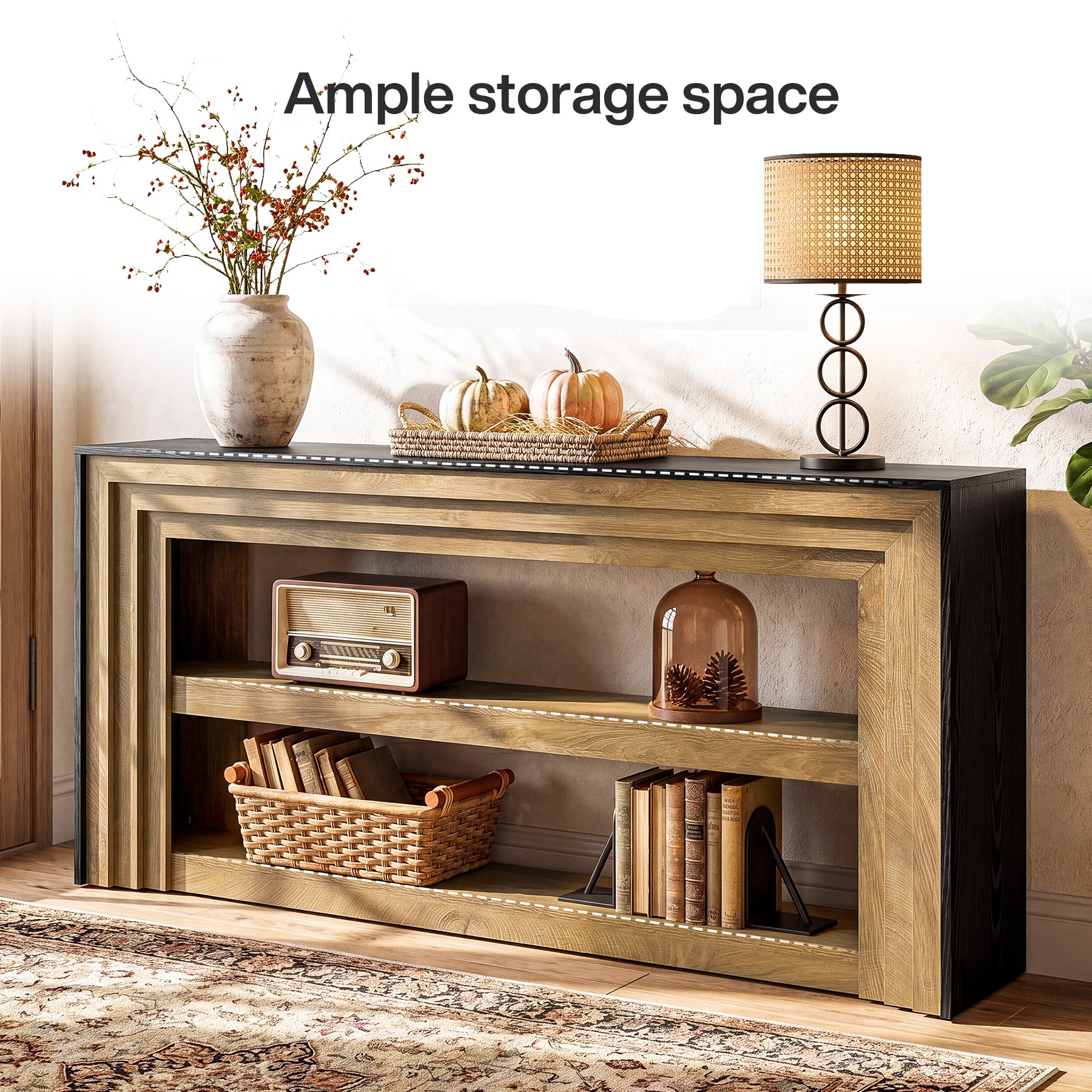 63" Long Console Table, Farmhouse 3-Tier Entryway Table with Storage for Hallway