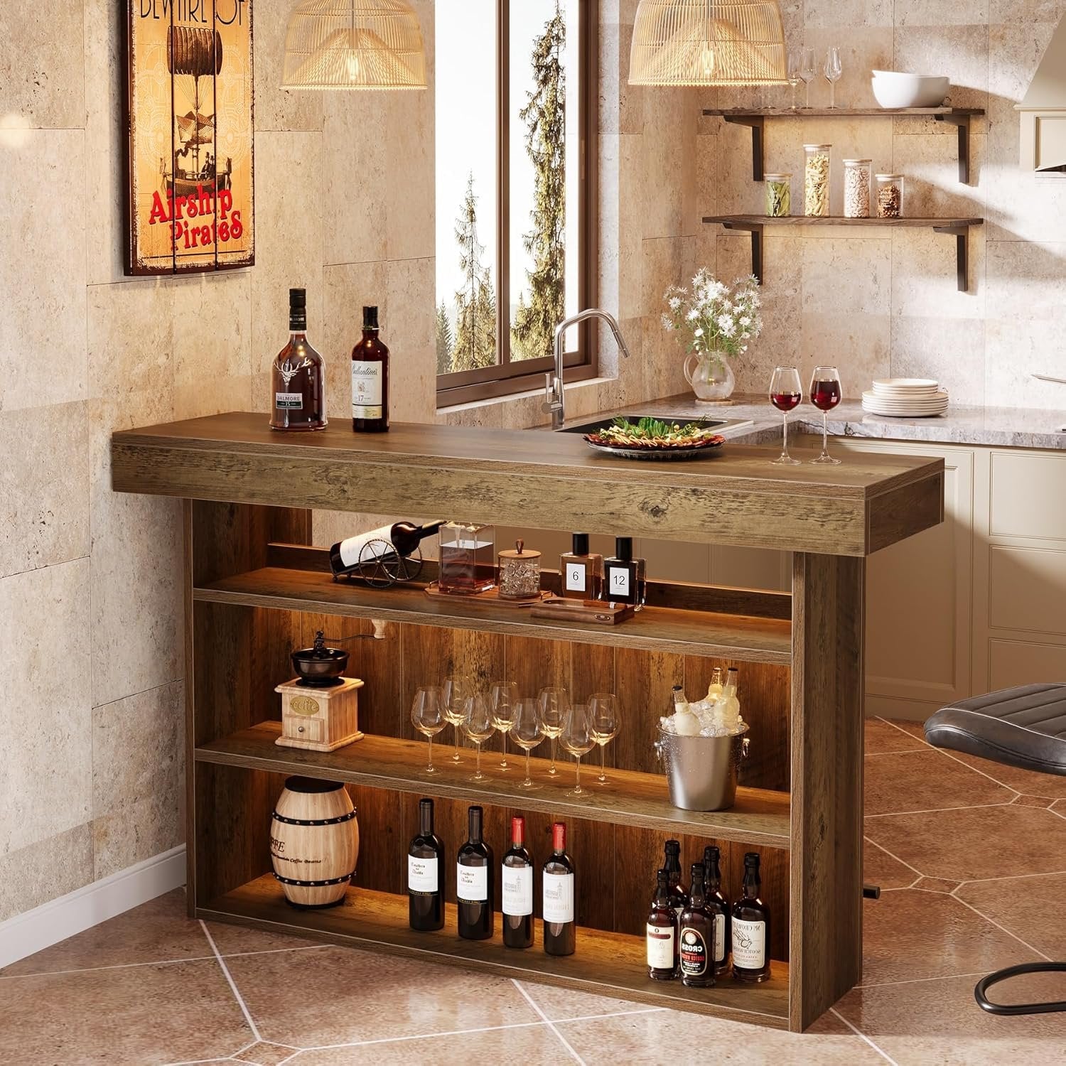 63" Modern Bar Table, 4-Tier Counter Height Pub Table with Storage Shelves