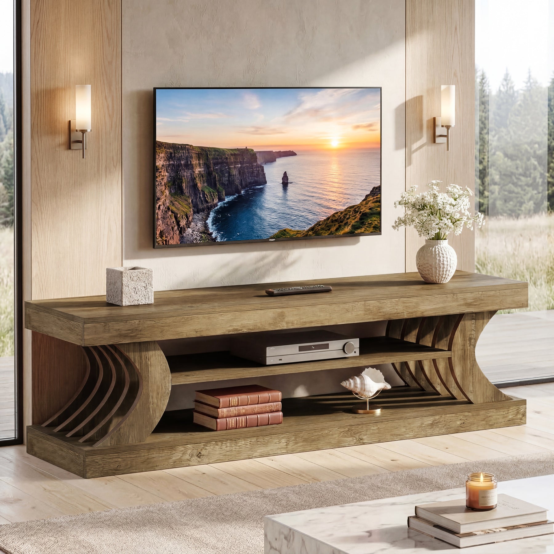 63" Modern TV Stand, C-Shaped 3-Tier Entertainment Center for 55/65/70 Inch TVs