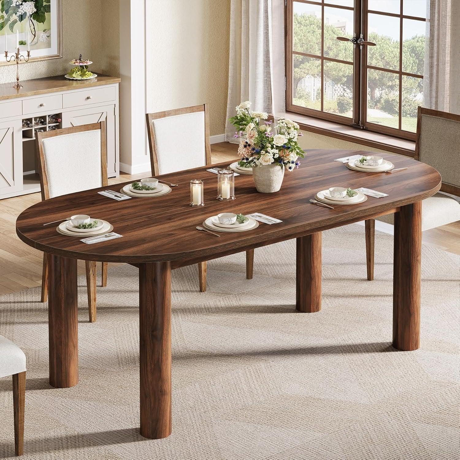 63" Oval Dining Table, Kitchen Dinner Table with Arc-Shaped Edge Top for 6