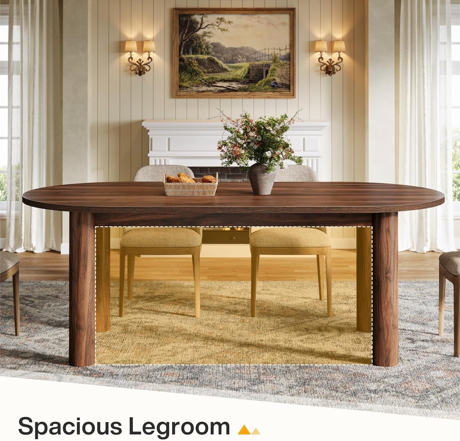 63" Oval Dining Table, Kitchen Dinner Table with Arc-Shaped Edge Top for 6