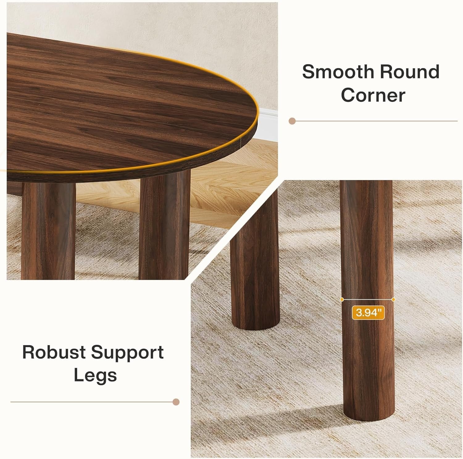 63" Oval Dining Table, Kitchen Dinner Table with Arc-Shaped Edge Top for 6