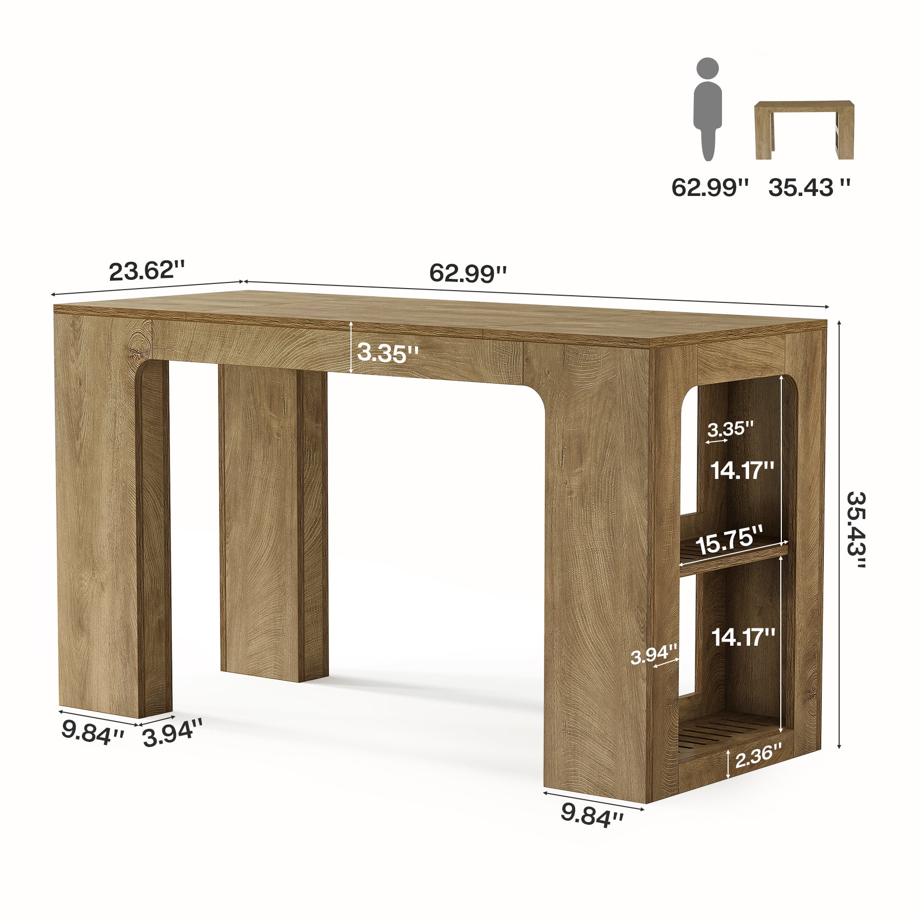63" Rectangular Bar Table, Counter Height Pub Cocktail Table with 2 Shelves
