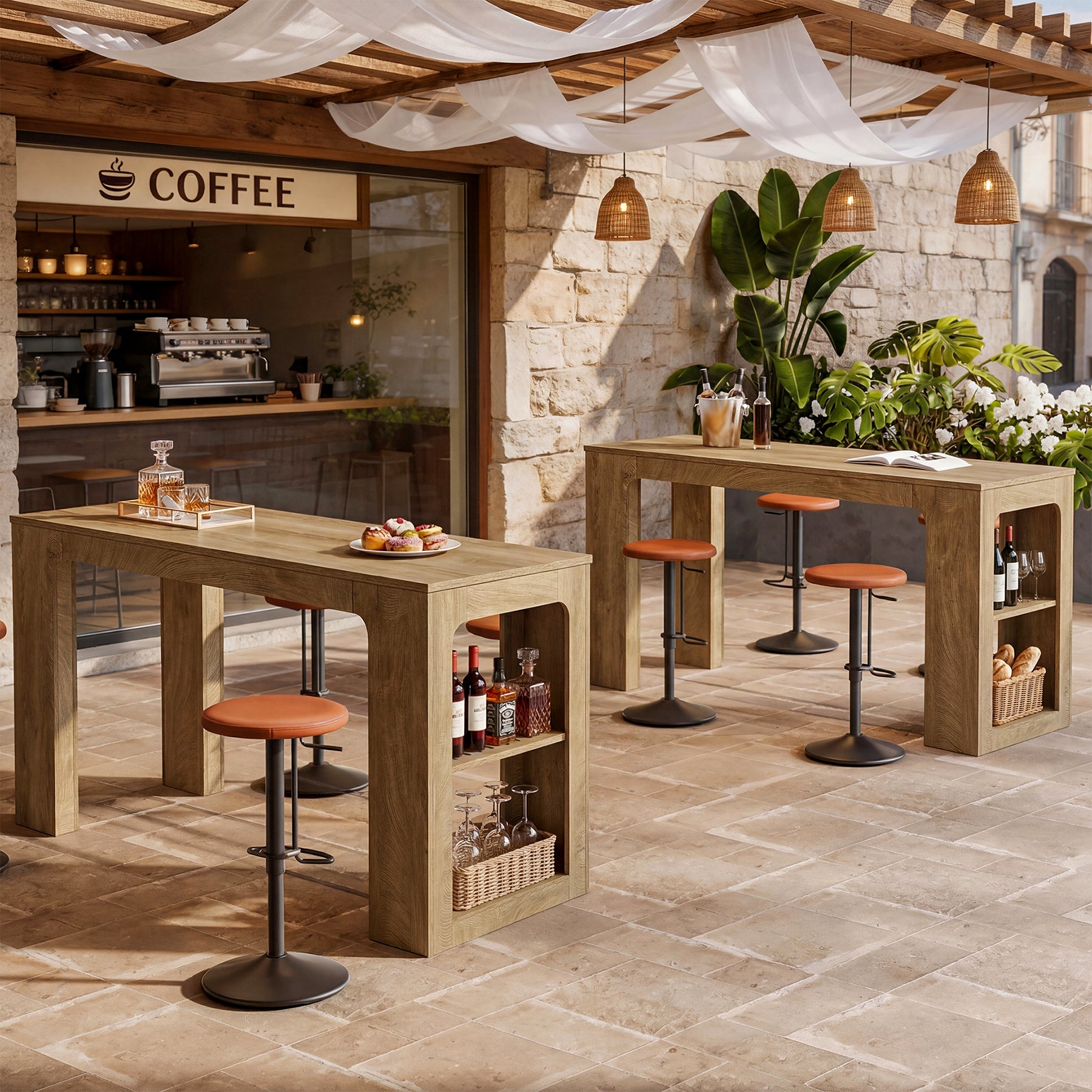 63" Rectangular Bar Table, Counter Height Pub Cocktail Table with 2 Shelves