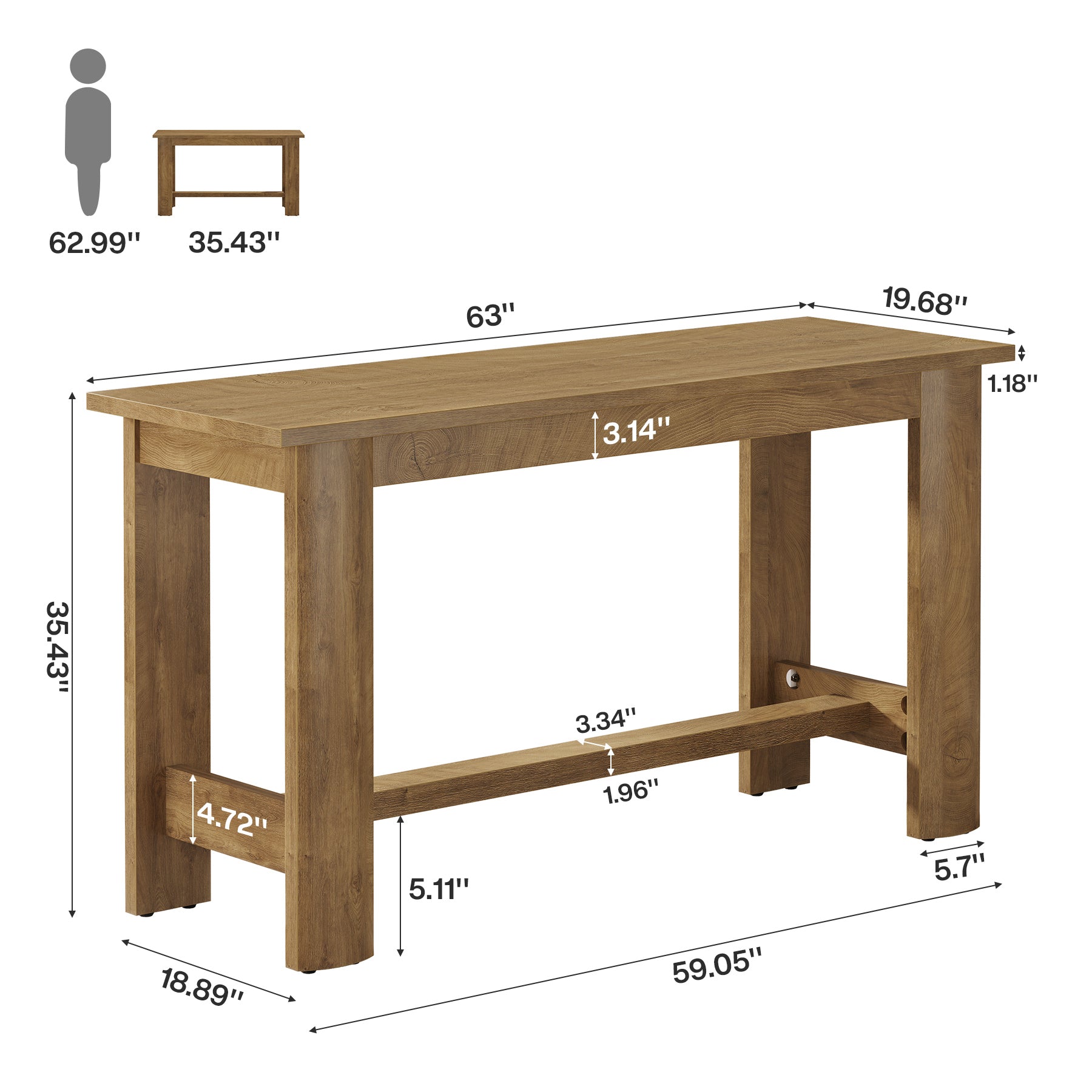 63" Rectangular Bar Table, Counter Height Pub Table Coffee Bar Unit with Footrest
