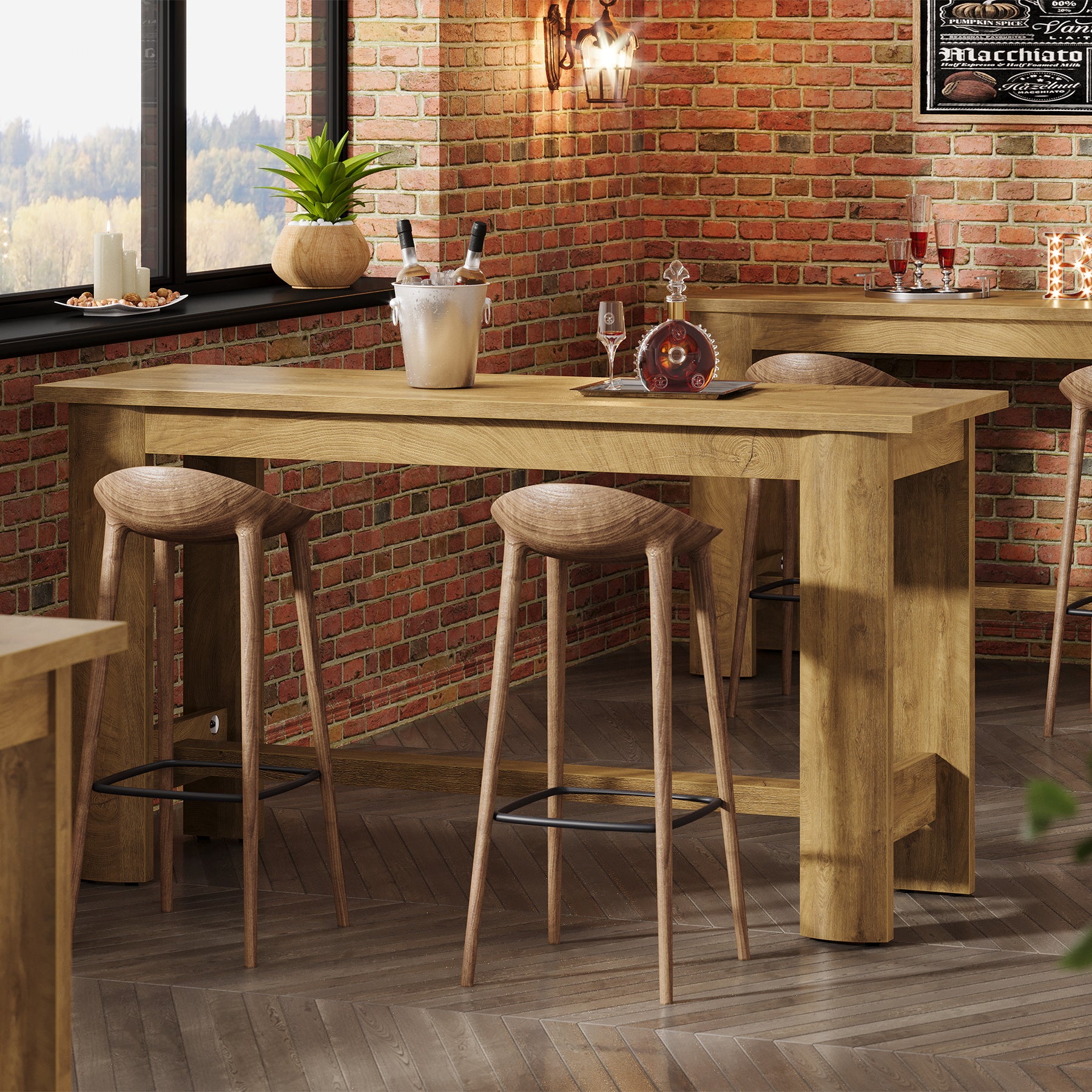 63" Rectangular Bar Table, Counter Height Pub Table Coffee Bar Unit with Footrest