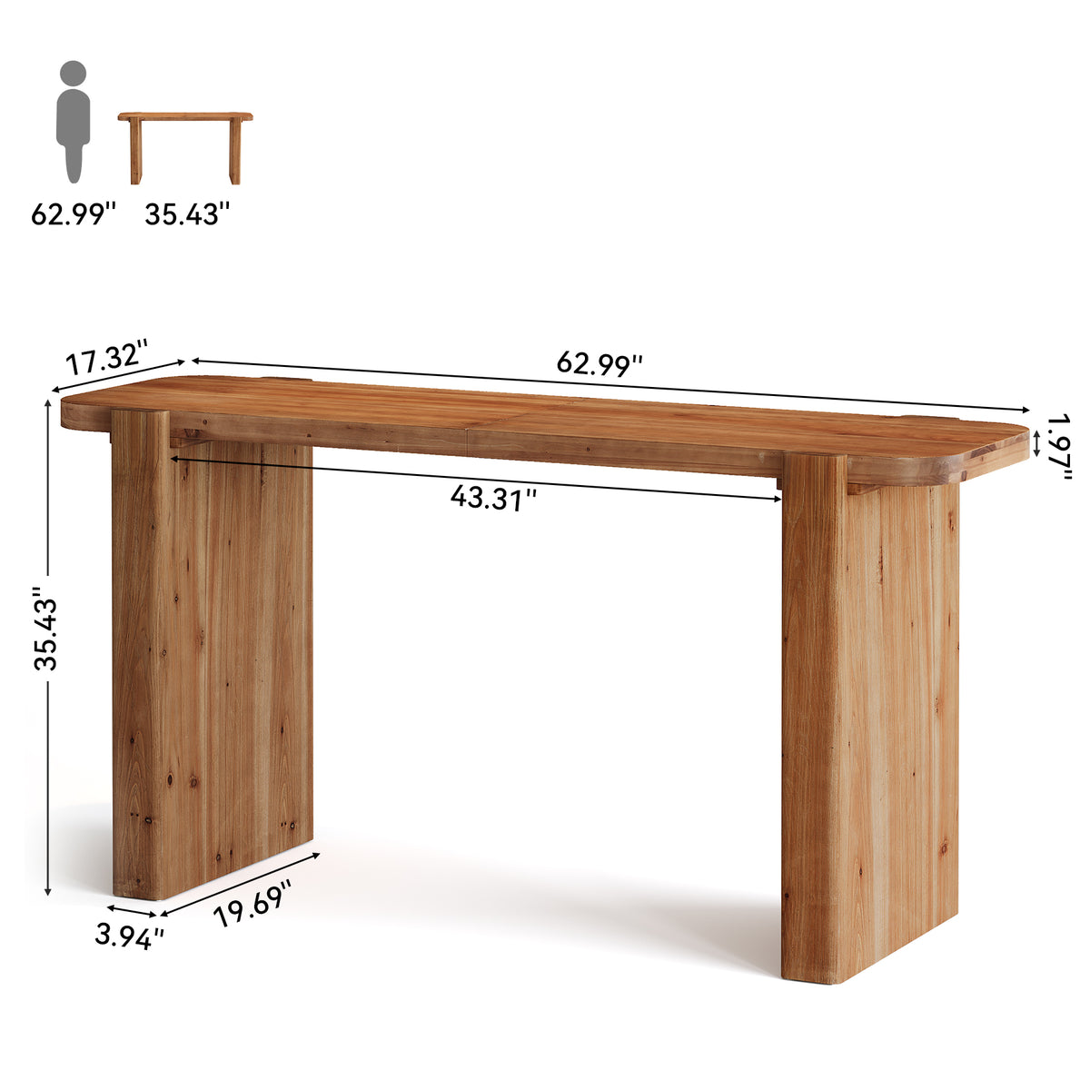 63" Solid Wood Bar Table, Rectangular Counter Height Pub Table-Tribesigns
