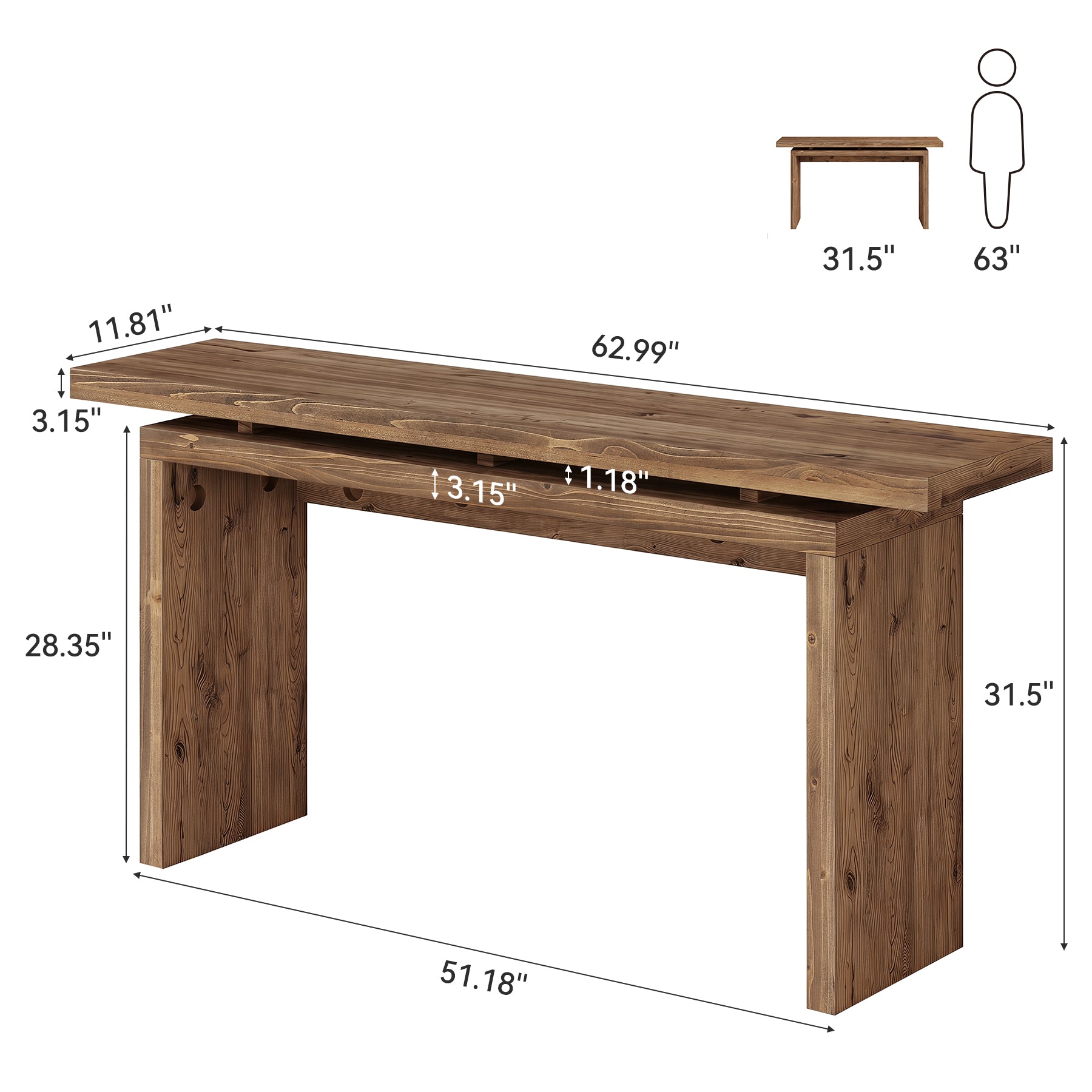 63“ Solid Wood Console Table, Farmhouse Narrow Long Sofa Table Behind the Couch for Living Room