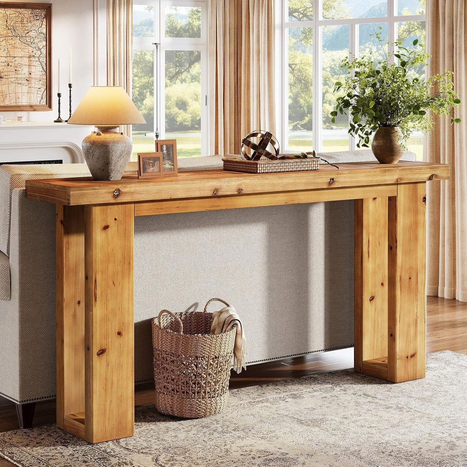 63" Solid Wood Console Table, Farmhouse Rectangular Sofa Table Behind The Couch