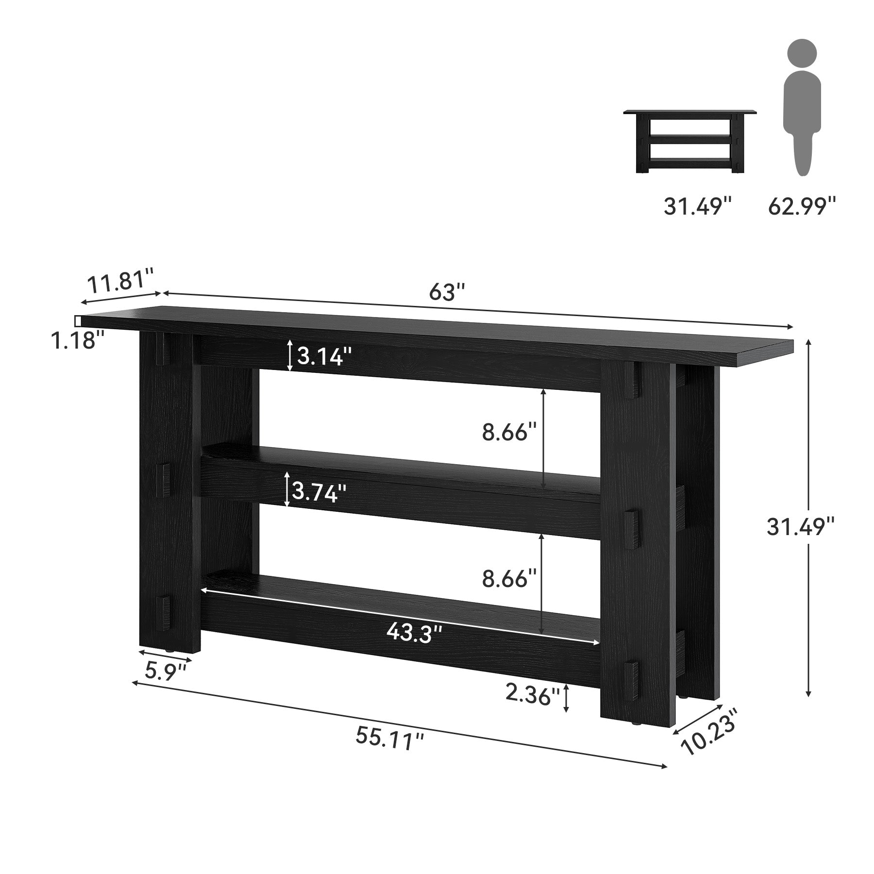 63" Solid Wood Console Table, Farmhouse Sofa Table Behind Couch with 3-Tier Shelves