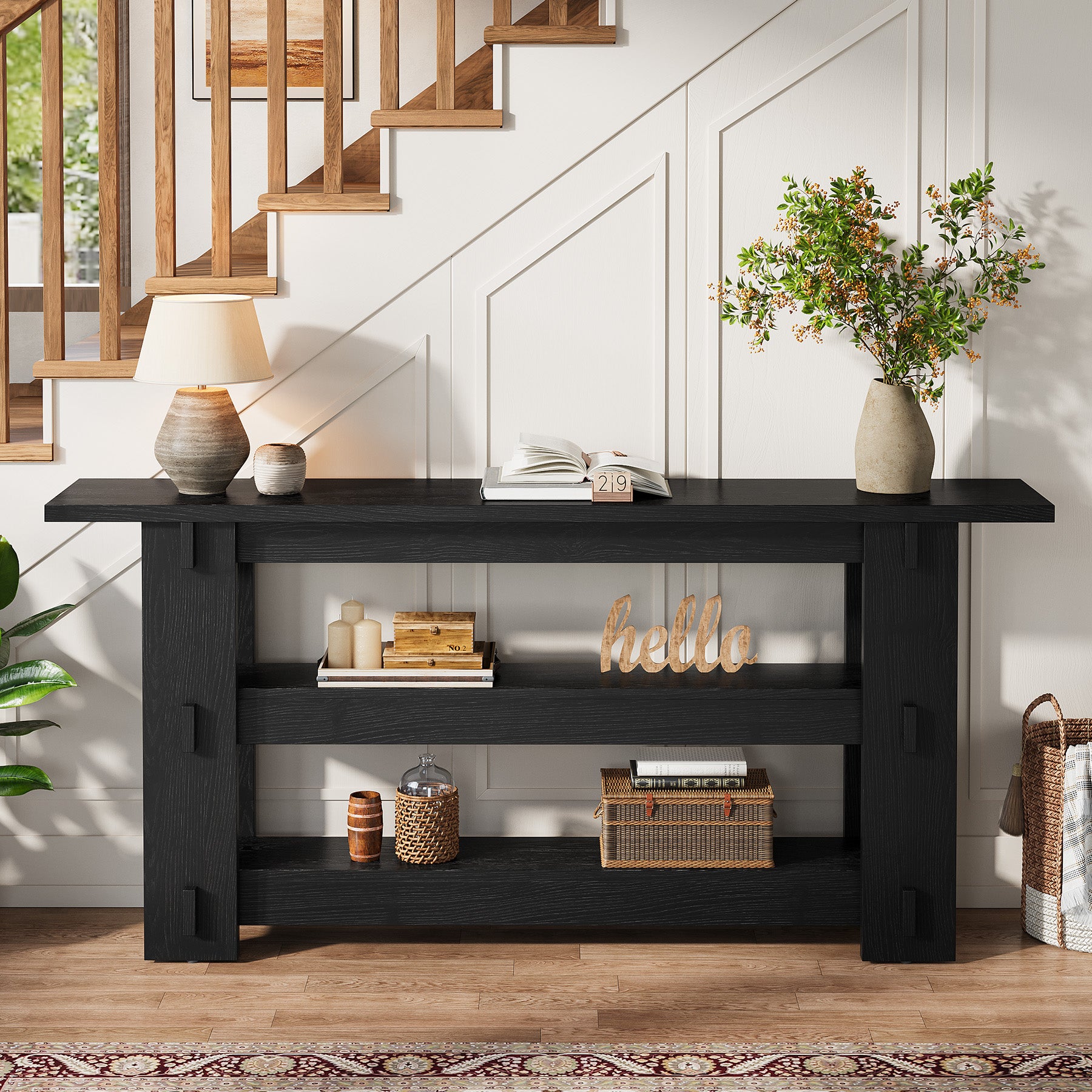 63" Solid Wood Console Table, Farmhouse Sofa Table Behind Couch with 3-Tier Shelves