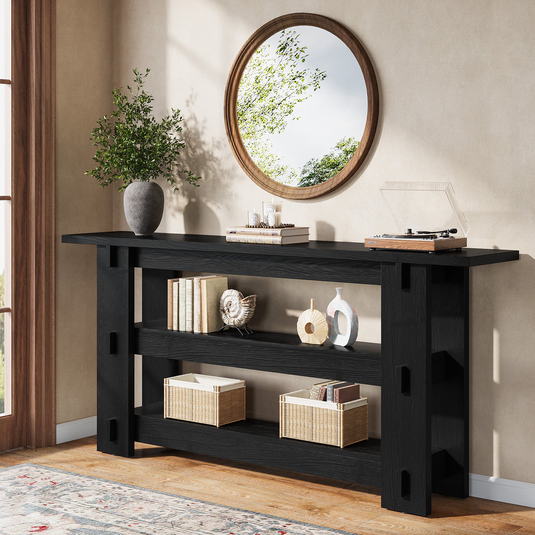 63" Solid Wood Console Table, Farmhouse Sofa Table Behind Couch with 3-Tier Shelves