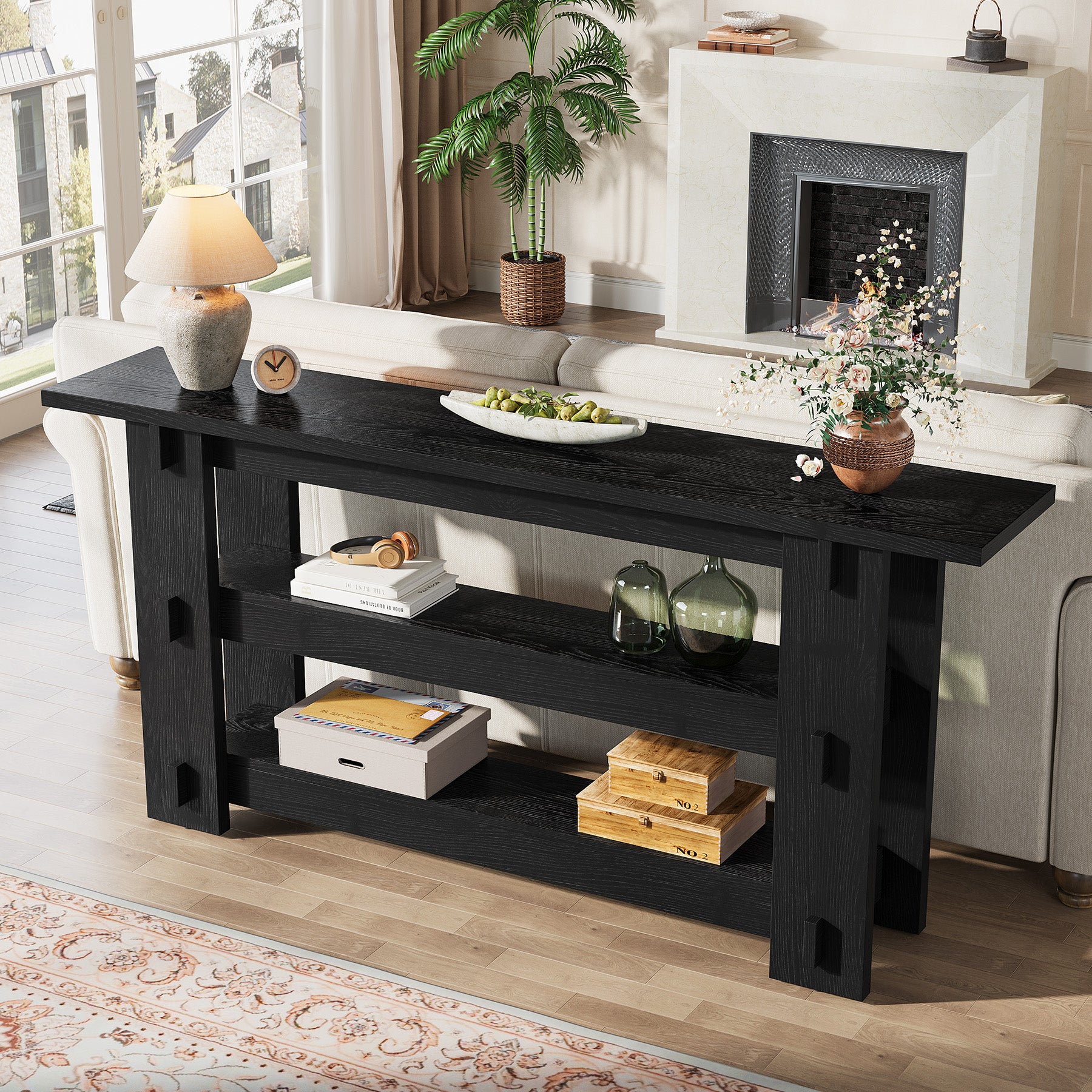63" Solid Wood Console Table, Farmhouse Sofa Table Behind Couch with 3-Tier Shelves