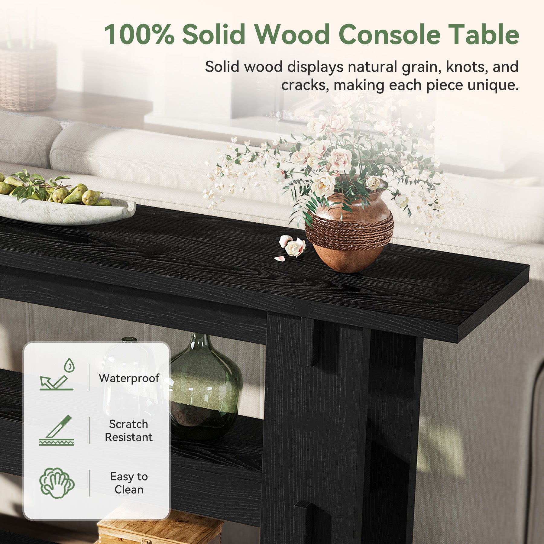 63" Solid Wood Console Table, Farmhouse Sofa Table Behind Couch with 3-Tier Shelves