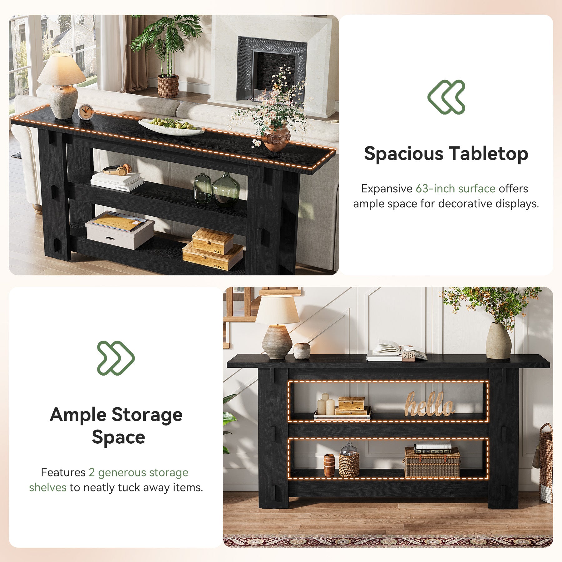 63" Solid Wood Console Table, Farmhouse Sofa Table Behind Couch with 3-Tier Shelves