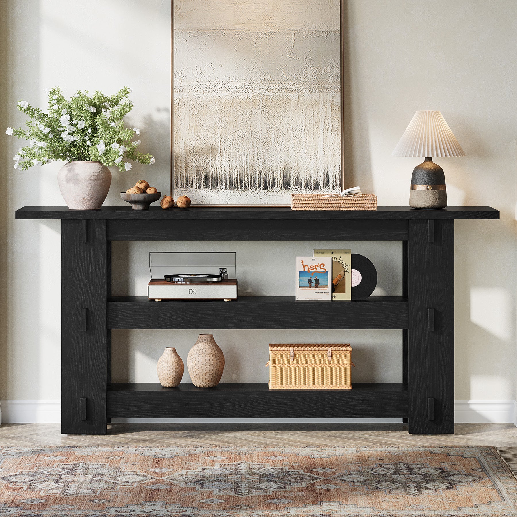 63" Solid Wood Console Table, Farmhouse Sofa Table Behind Couch with 3-Tier Shelves
