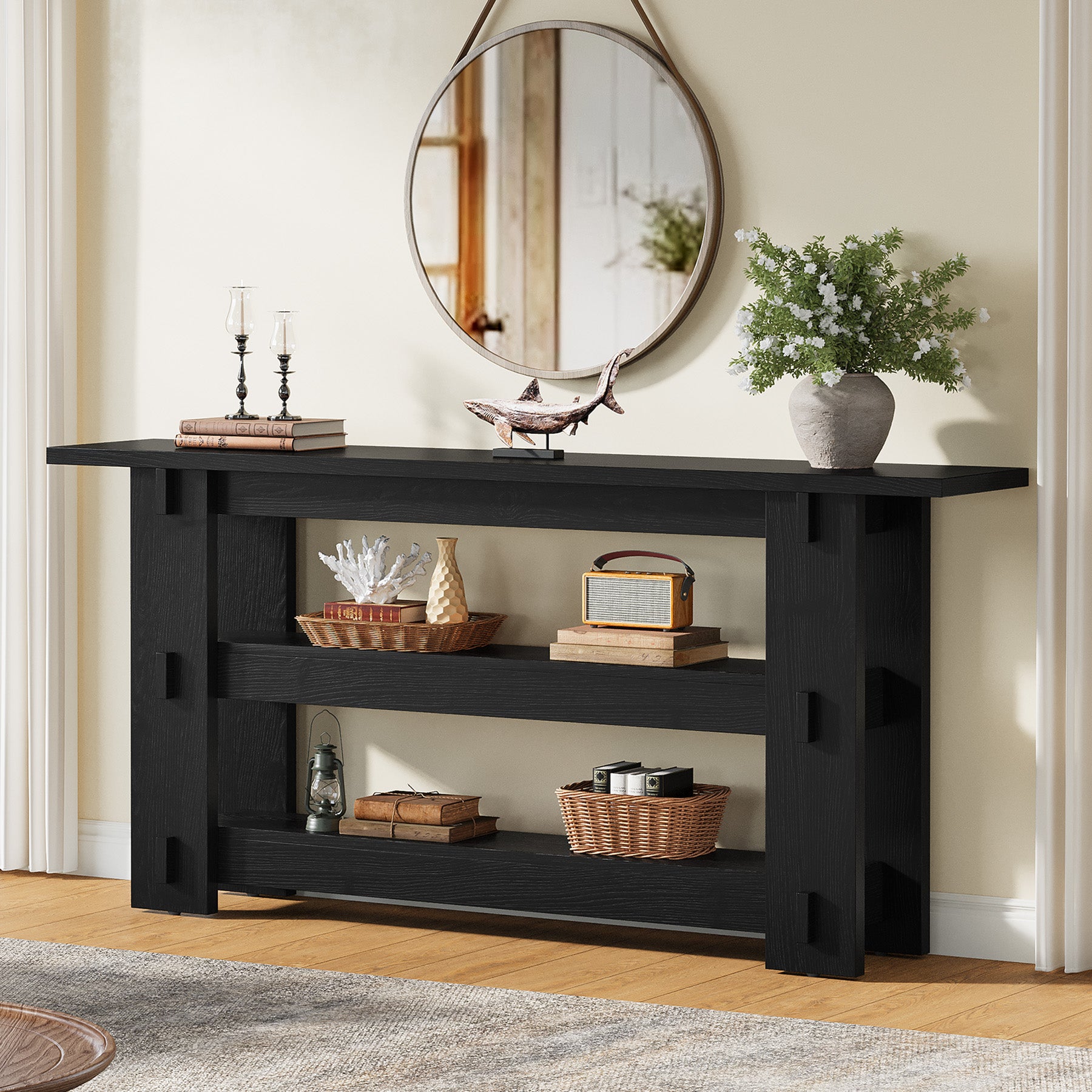 63" Solid Wood Console Table, Farmhouse Sofa Table Behind Couch with 3-Tier Shelves