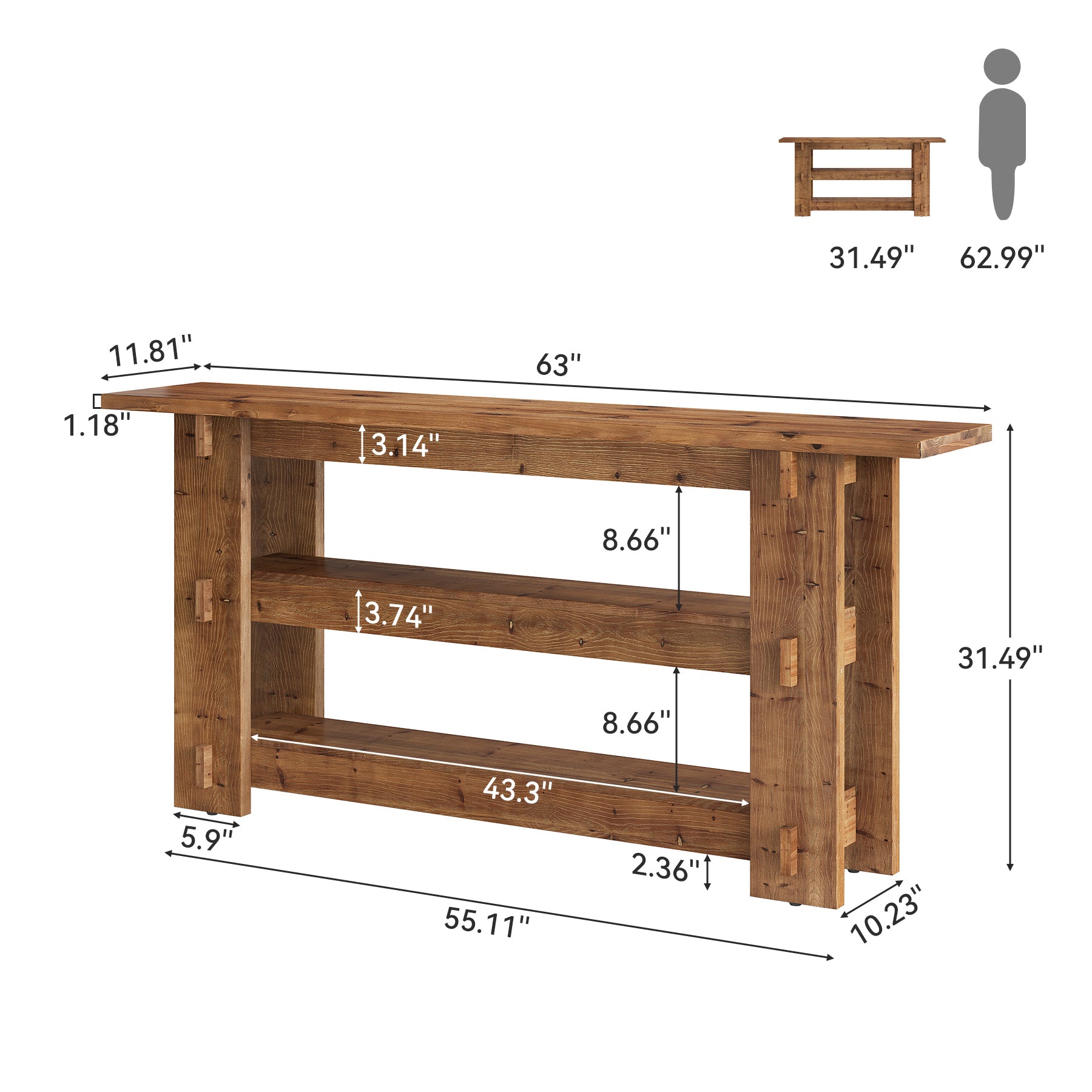 63" Solid Wood Console Table, Farmhouse Sofa Table Behind Couch with 3-Tier Shelves