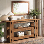 63" Solid Wood Console Table, Farmhouse Sofa Table Behind Couch with 3-Tier Shelves#Color_Brown