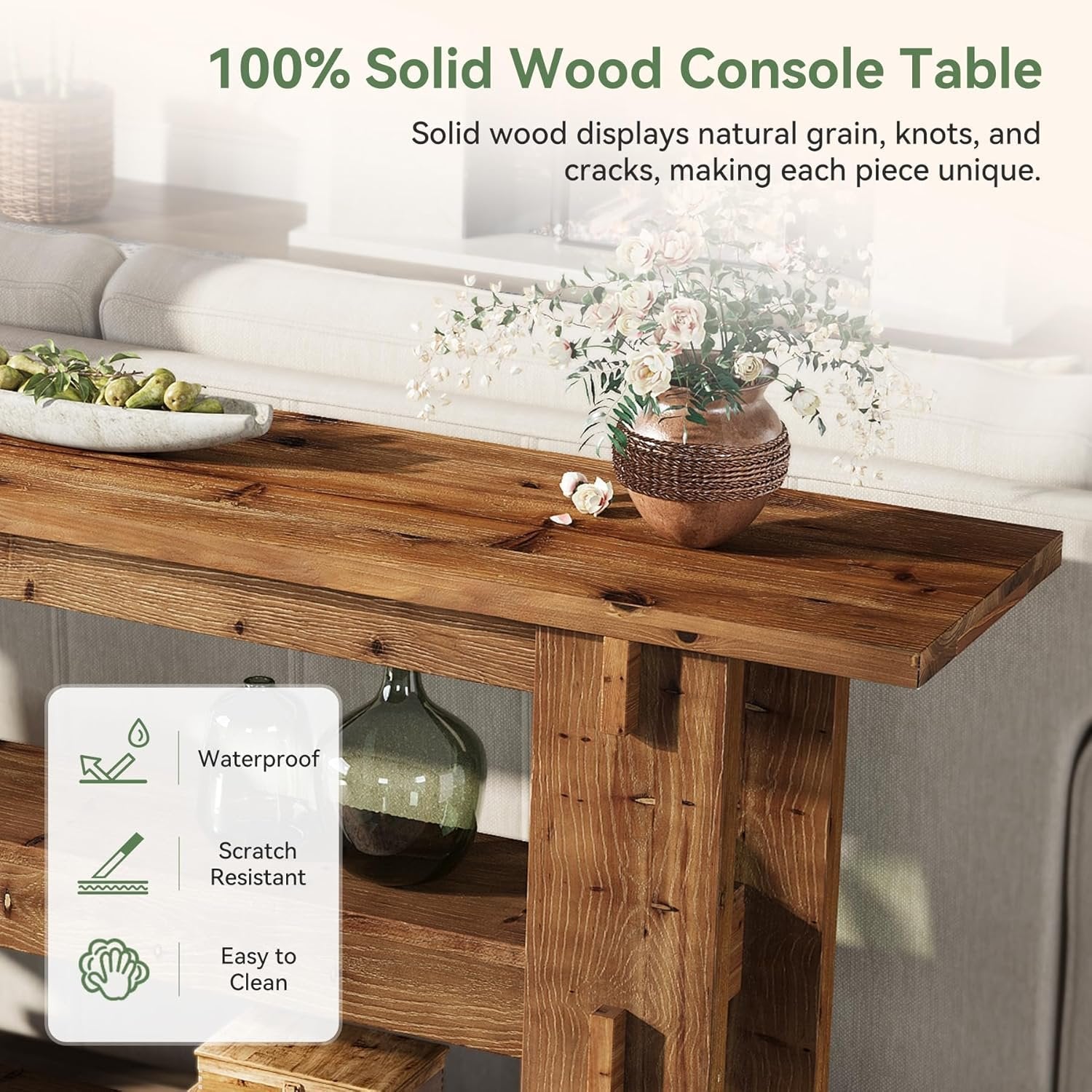 63" Solid Wood Console Table, Farmhouse Sofa Table Behind Couch with 3-Tier Shelves