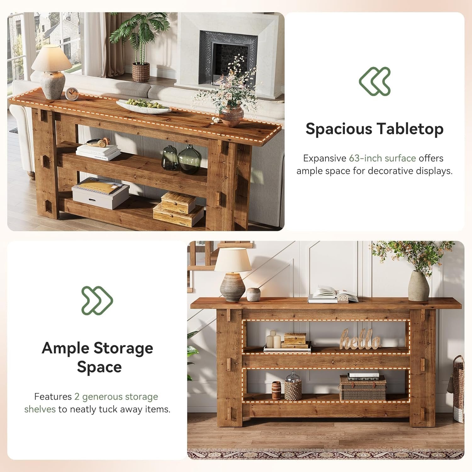 63" Solid Wood Console Table, Farmhouse Sofa Table Behind Couch with 3-Tier Shelves