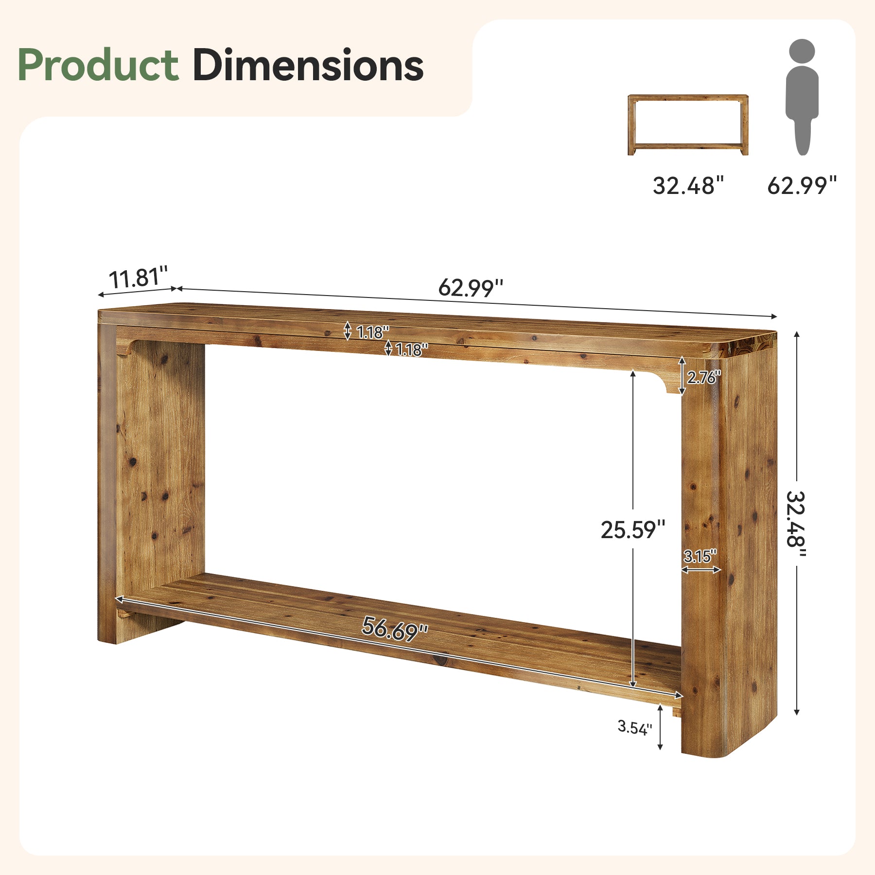 63" Solid Wood Console Table, Farmhouse Sofa Table Entryway Table with 2-Tier Storage