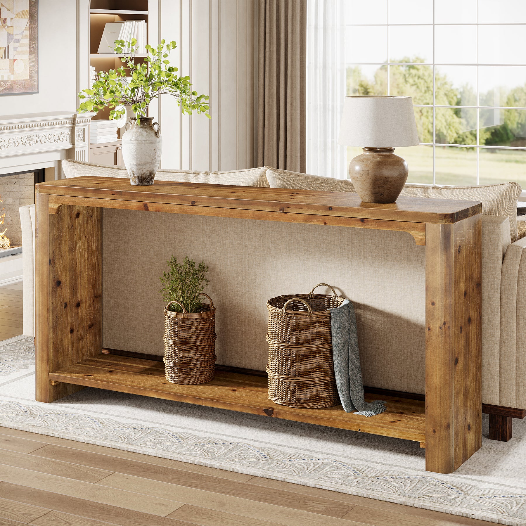 63" Solid Wood Console Table, Farmhouse Sofa Table Entryway Table with 2-Tier Storage