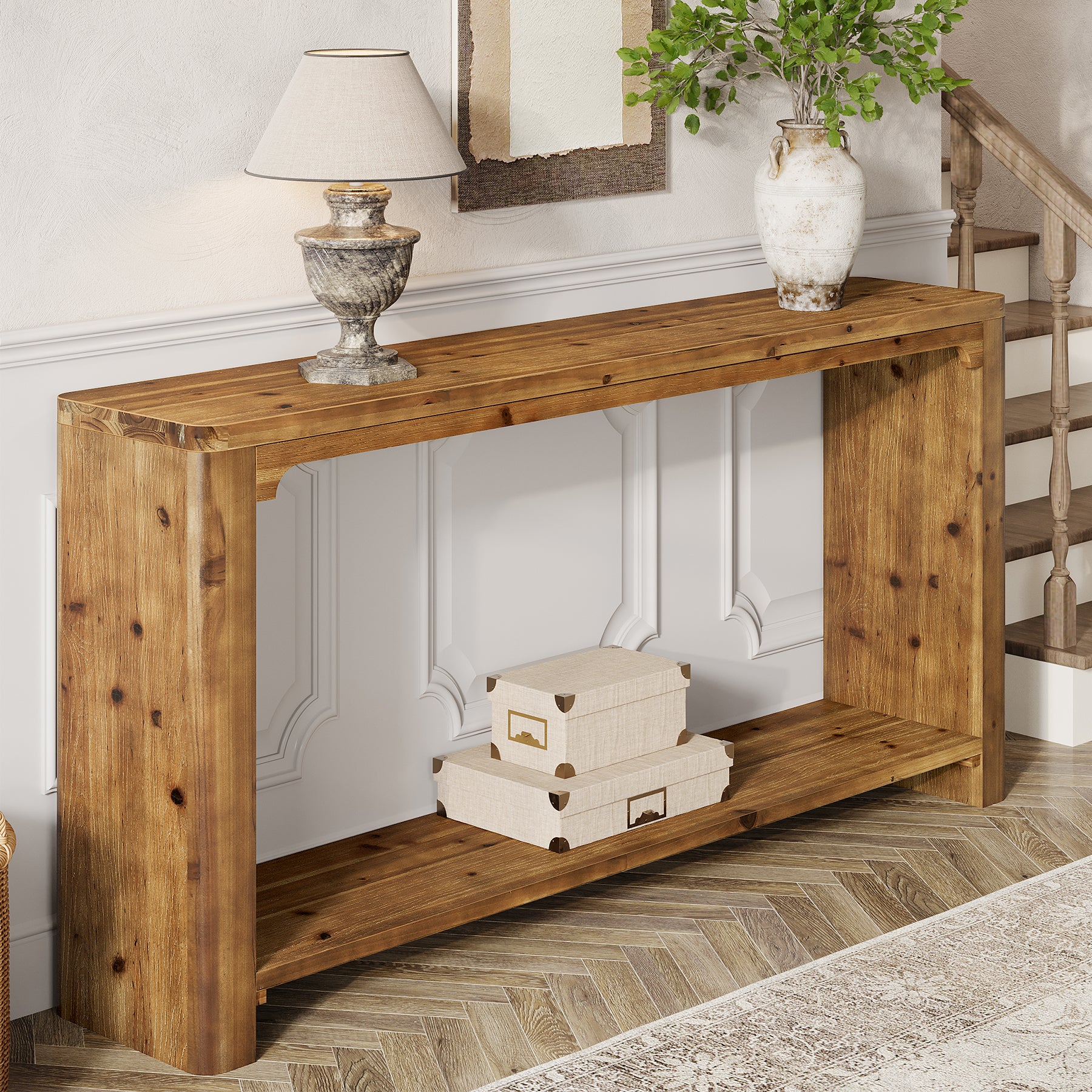 63" Solid Wood Console Table, Farmhouse Sofa Table Entryway Table with 2-Tier Storage