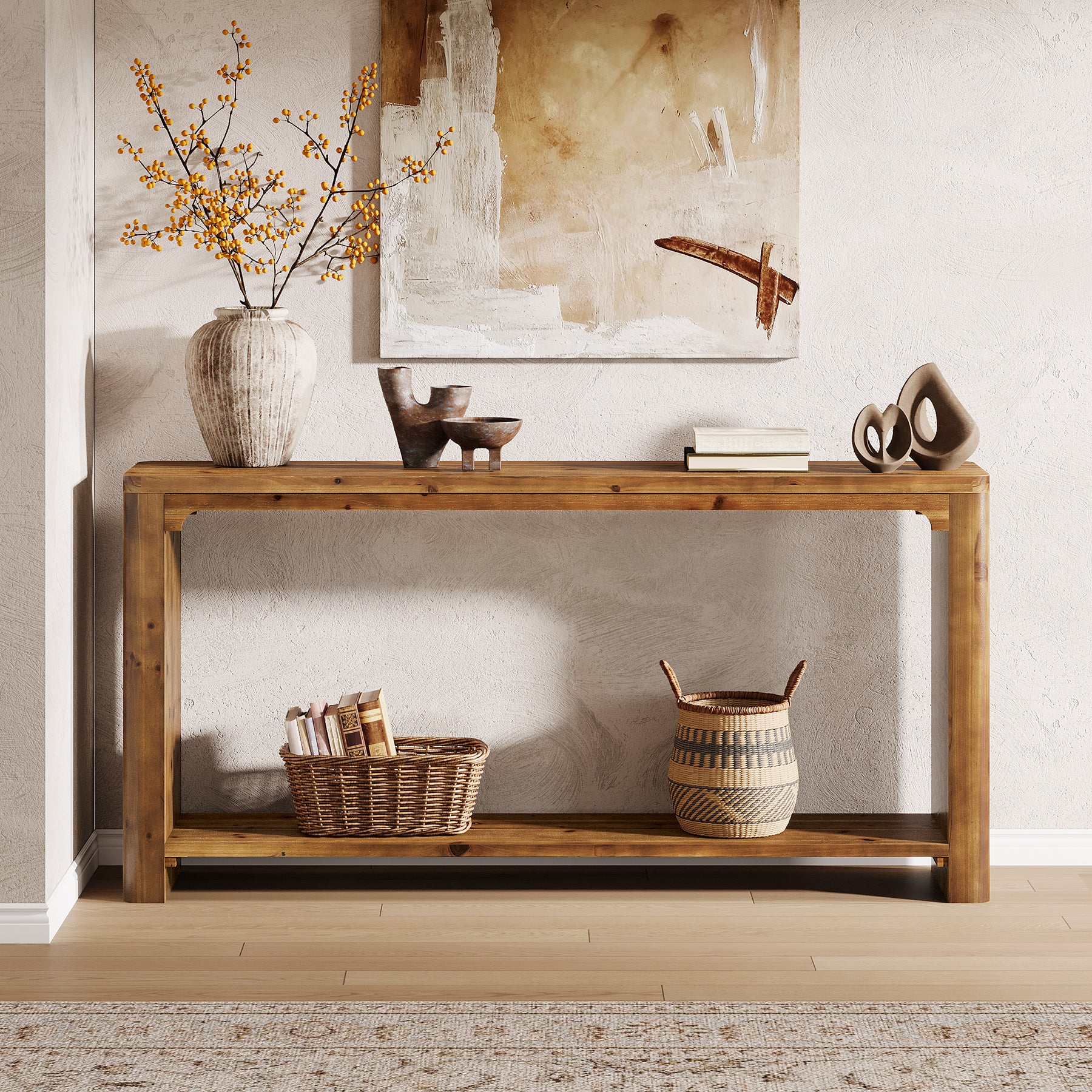 63" Solid Wood Console Table, Farmhouse Sofa Table Entryway Table with 2-Tier Storage