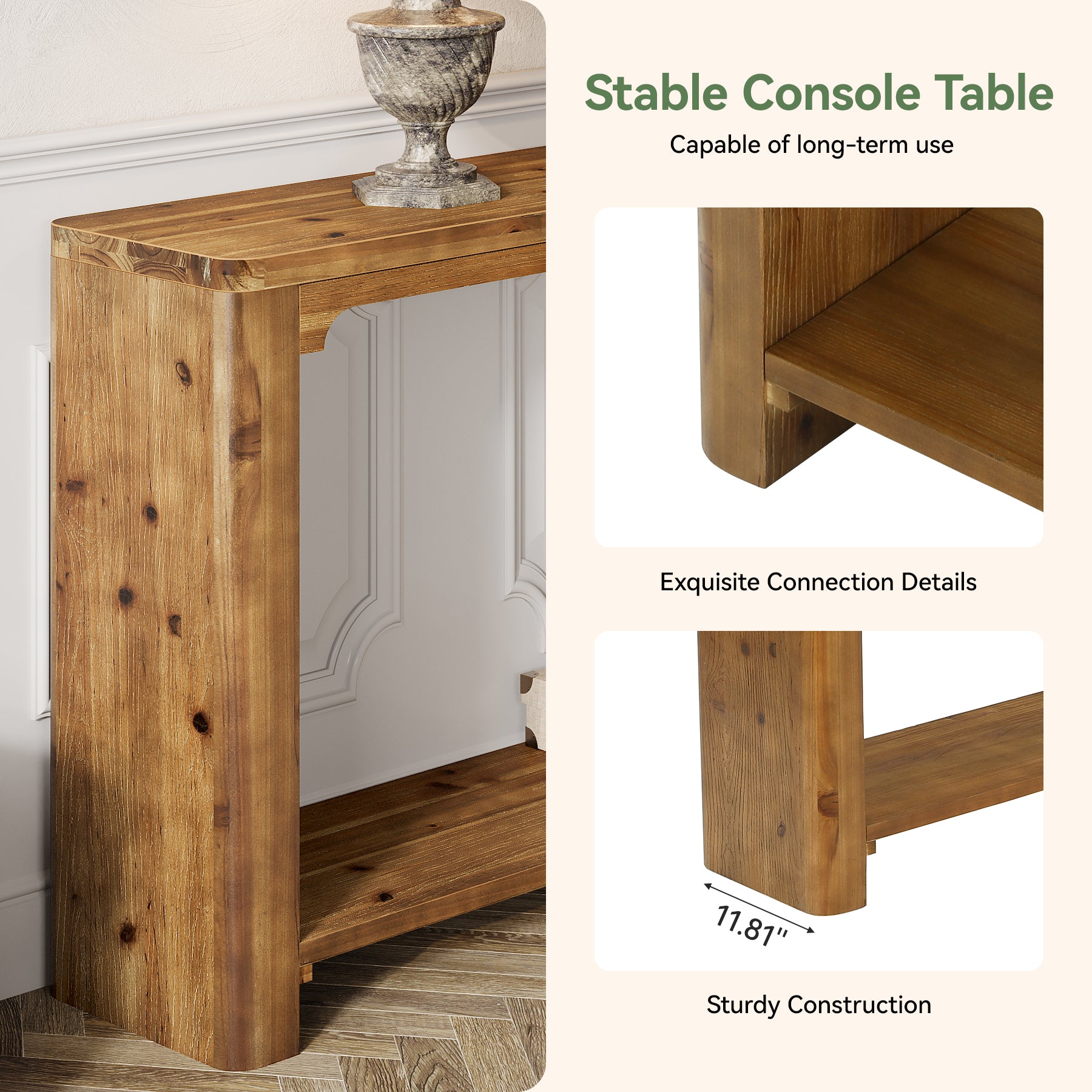 63" Solid Wood Console Table, Farmhouse Sofa Table Entryway Table with 2-Tier Storage