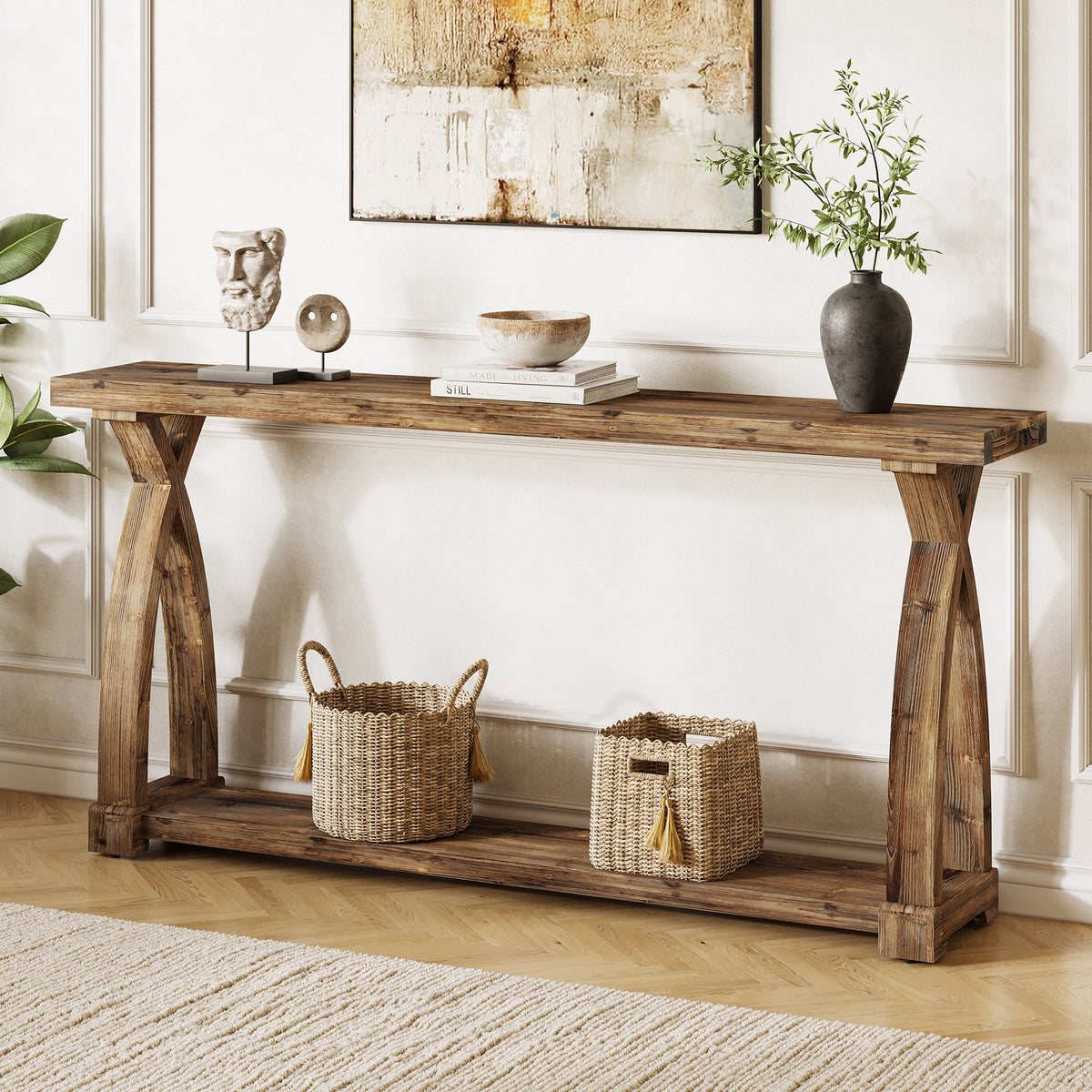 63" Solid Wood Console Table, Narrow Sofa Table with 2-Tier Storage ...