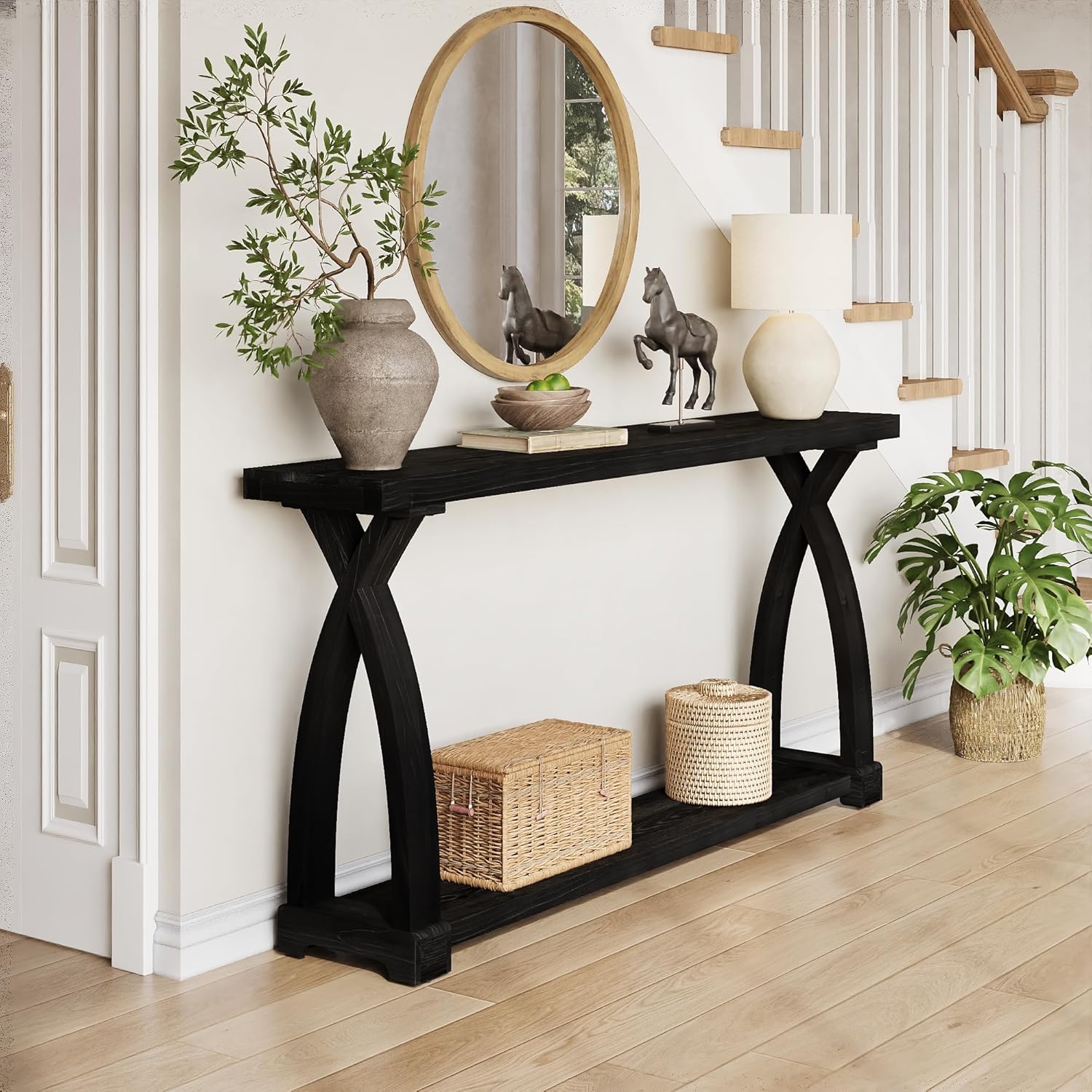 63" Solid Wood Console Table, Narrow Sofa Entryway Table with 2-Tier Storage