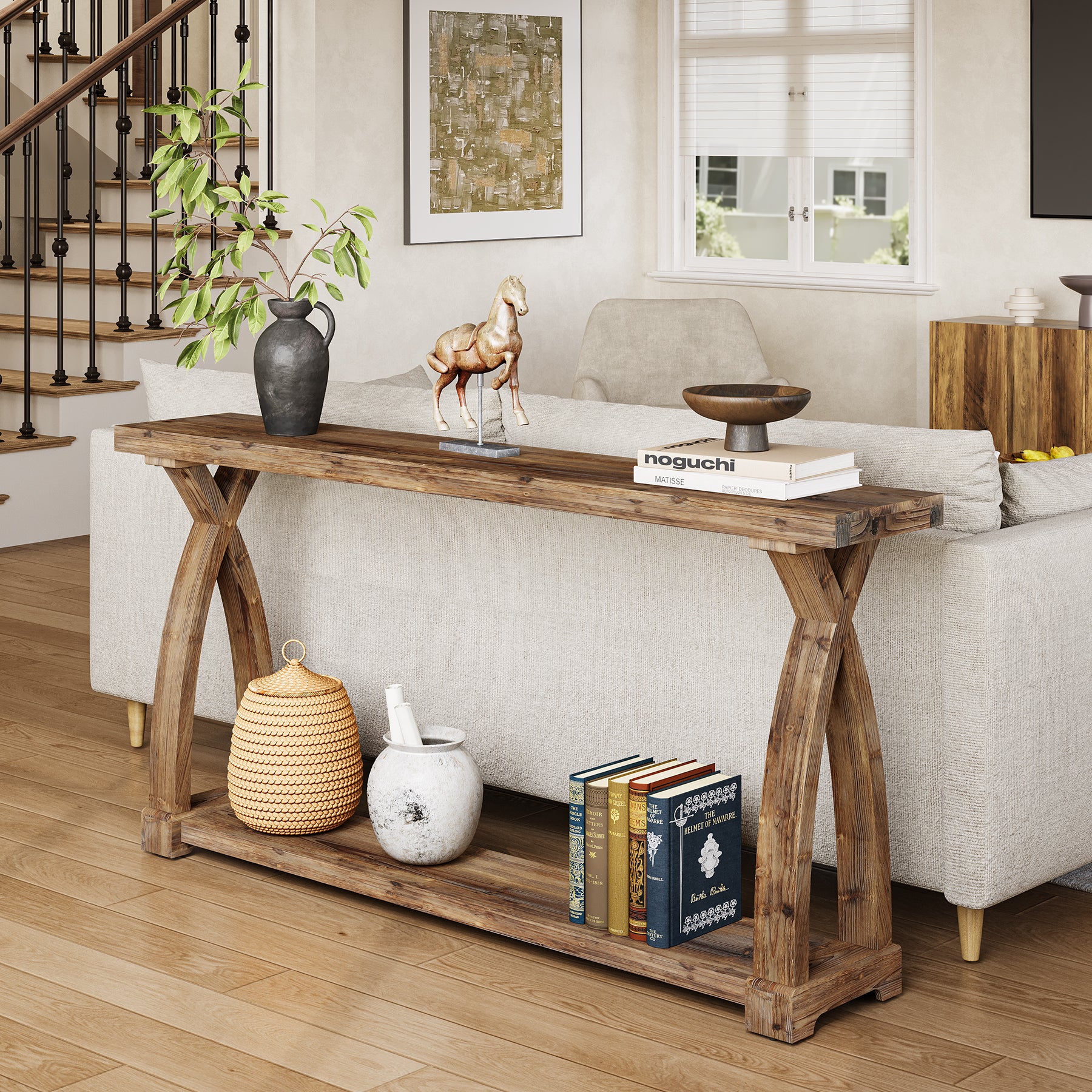 63" Solid Wood Console Table, Narrow Sofa Entryway Table with 2-Tier Storage