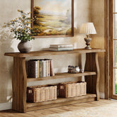 63" Solid Wood Console Table, Rustic 3-Tier Entryway Table with Storage Shelves 3
