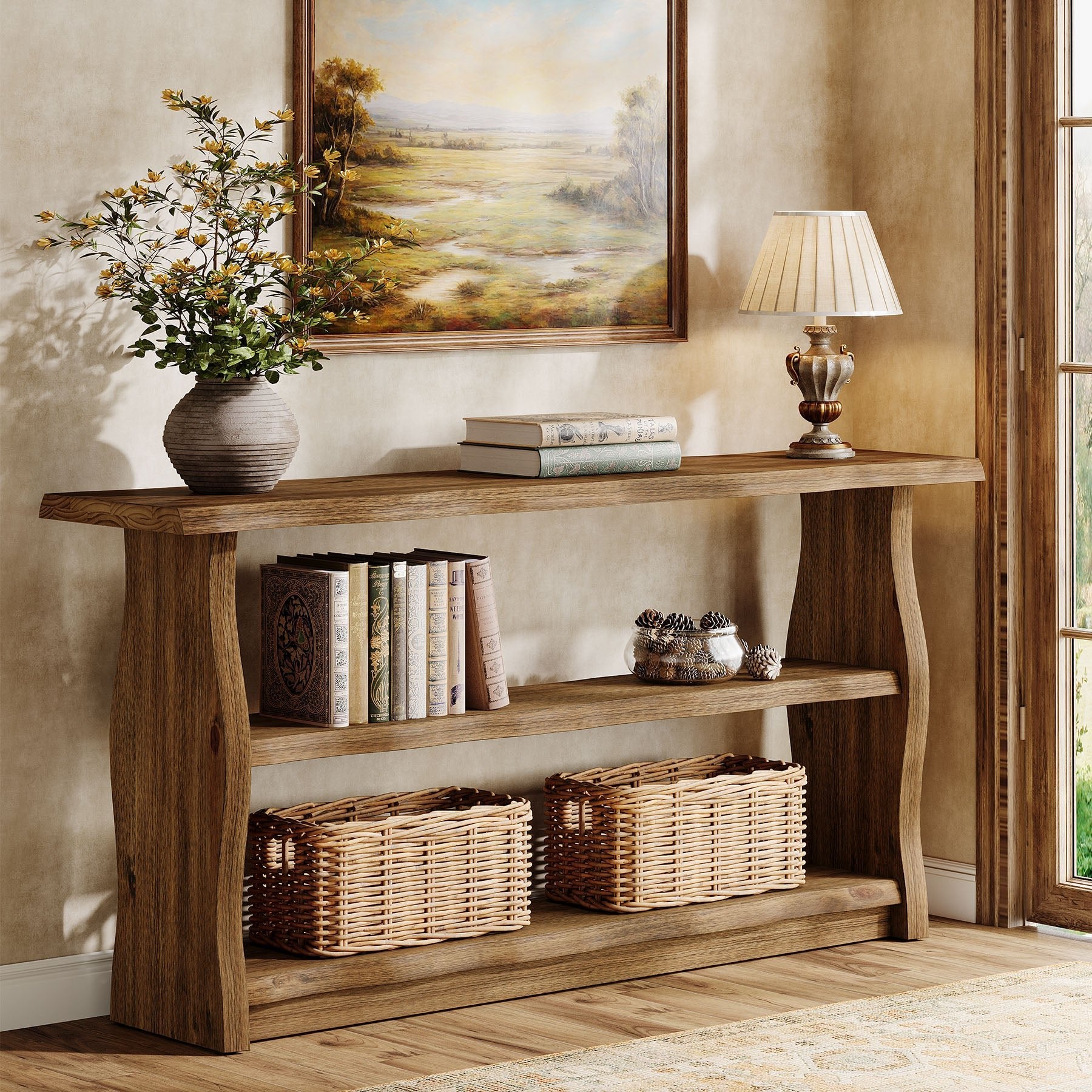 63" Solid Wood Console Table, Rustic 3-Tier Entryway Table with Storage Shelves