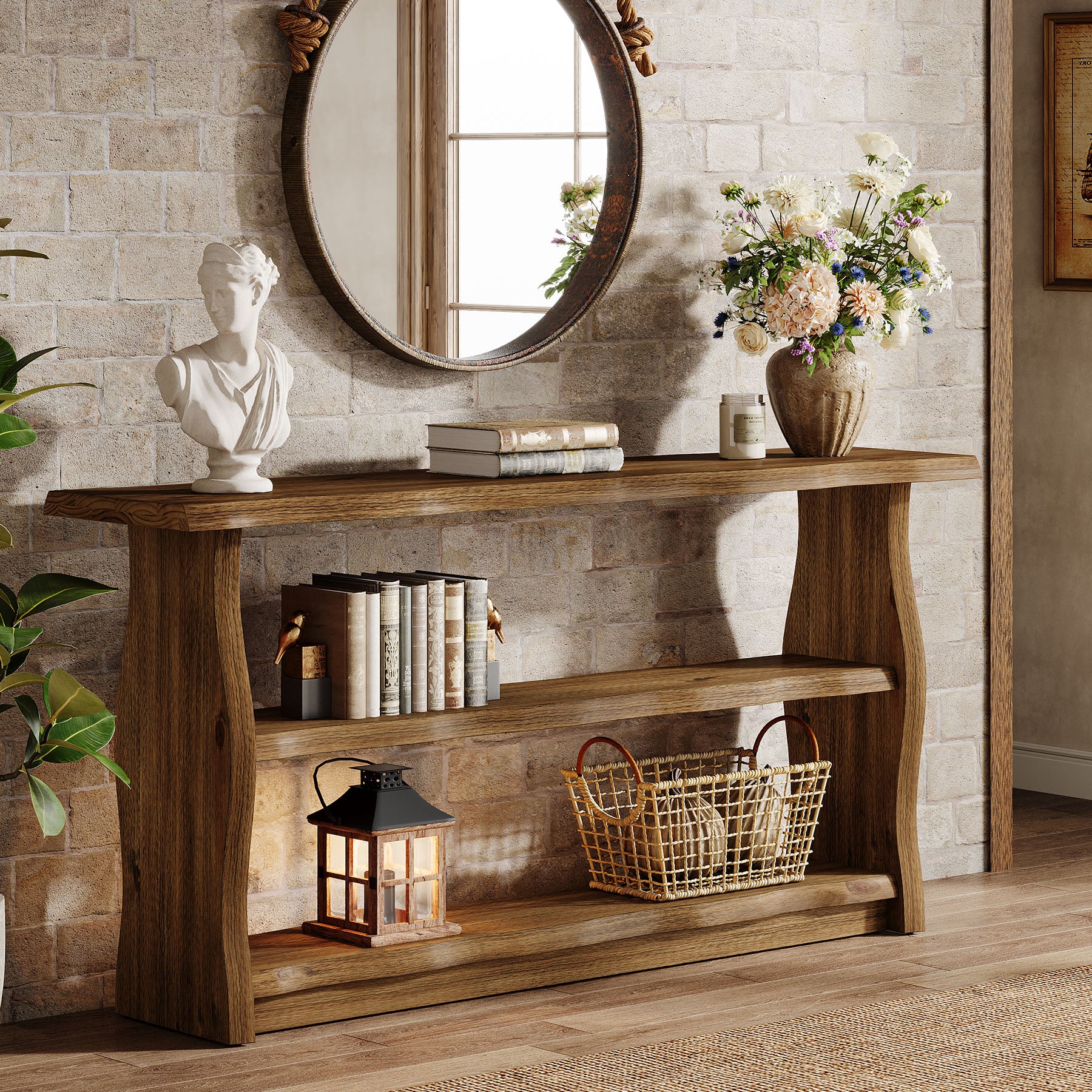63" Solid Wood Console Table, Rustic 3-Tier Entryway Table with Storage Shelves