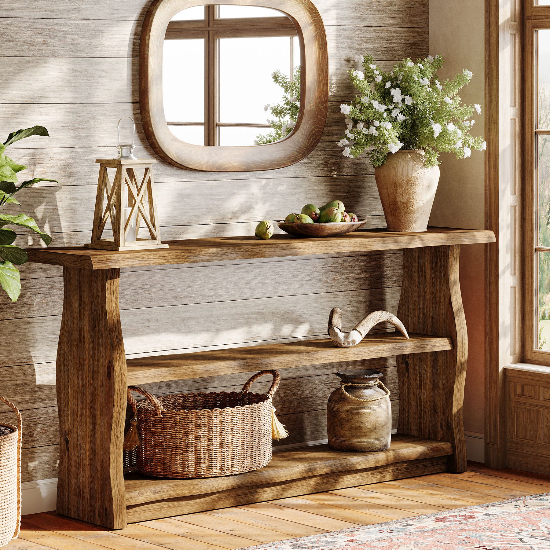 63" Solid Wood Console Table, Rustic 3-Tier Entryway Table with Storage Shelves