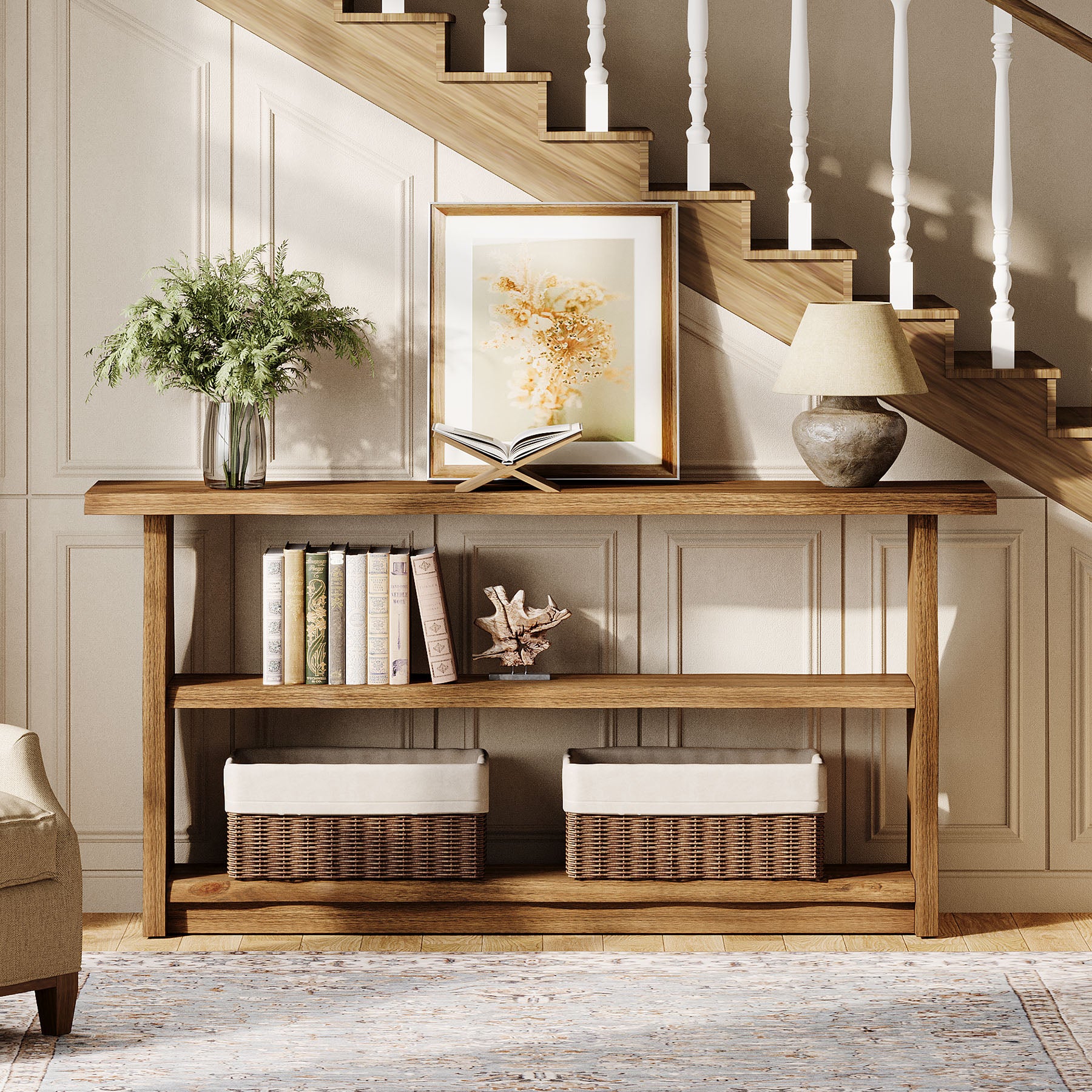 63" Solid Wood Console Table, Rustic 3-Tier Entryway Table with Storage Shelves